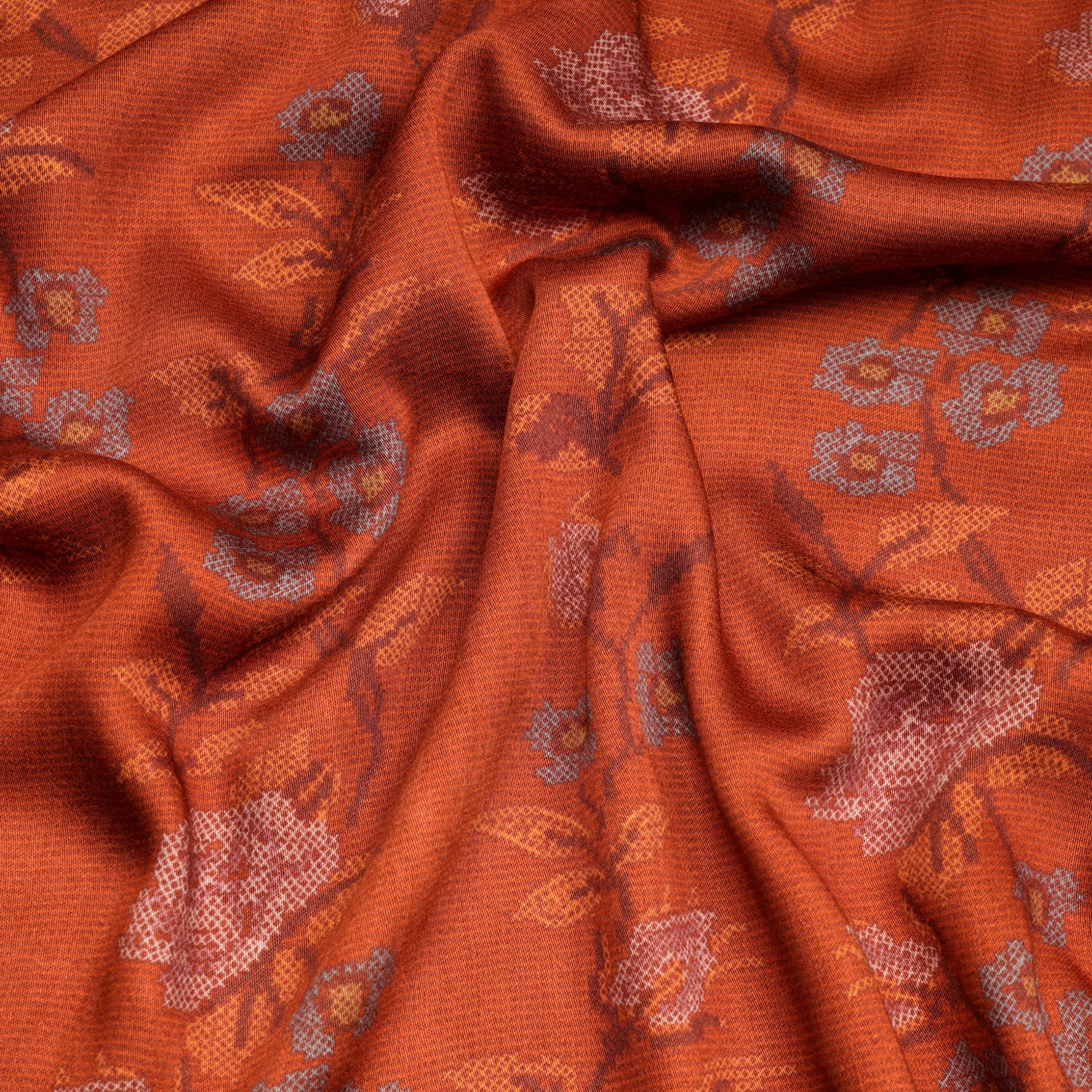 (Pre-Cut 2.50 Mtr)Dark Orange Floral Pattern Digital Print Viscose Fabric