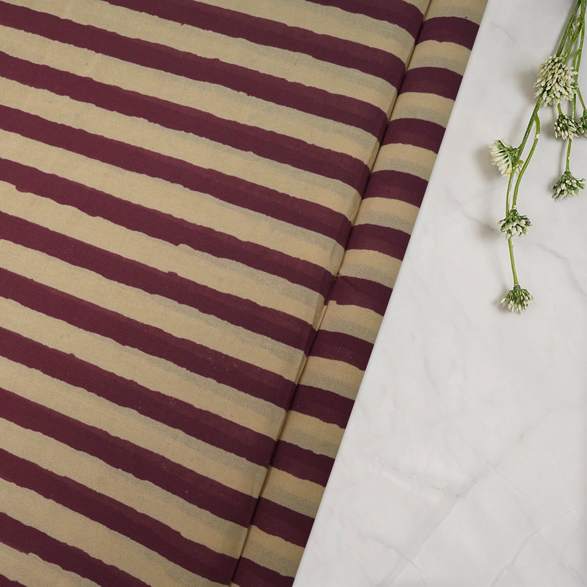 (Pre-Cut 2.80 Mtr)Cream-Purple Stripe Pattern Ajrak Print Voile Fabric