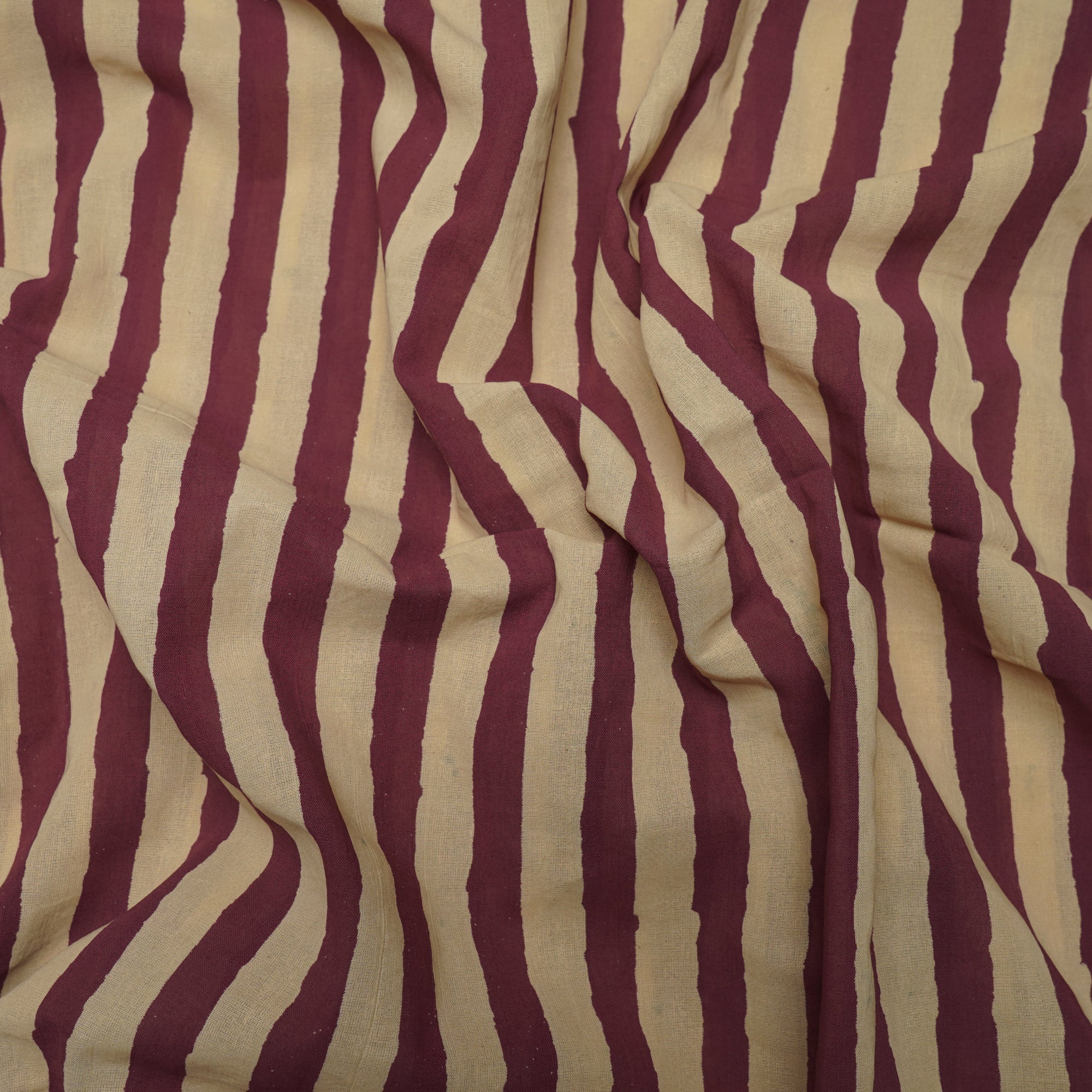 (Pre-Cut 2.80 Mtr)Cream-Purple Stripe Pattern Ajrak Print Voile Fabric