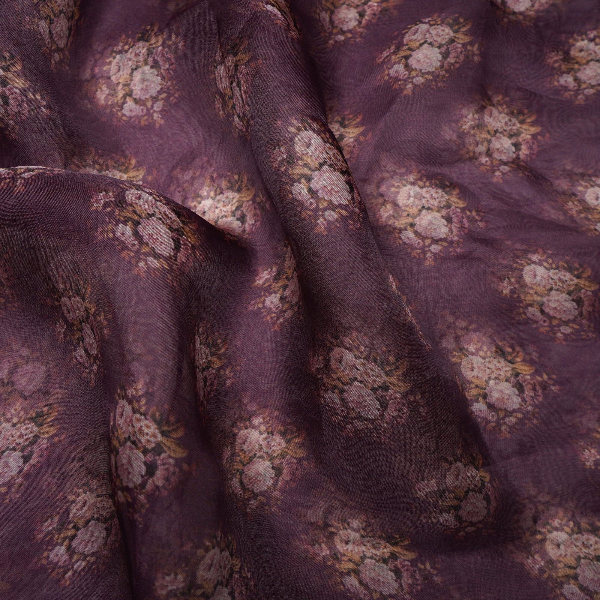 (Pre-Cut 1.20 Mtr)Purple Floral Pattern Digital Print Organza Fabric