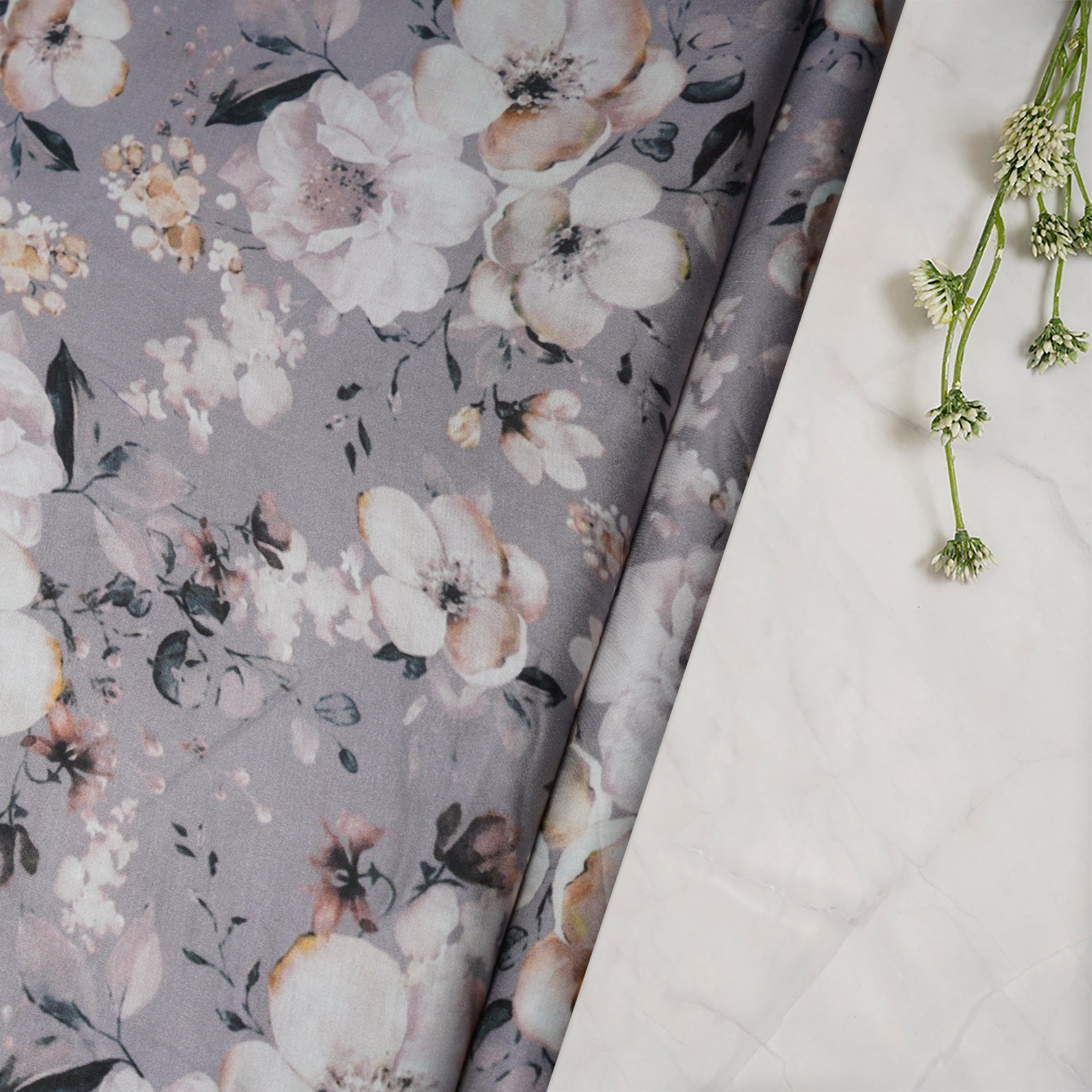 (Pre-Cut 2.30 Mtr)Grey Color Digital Printed Modal Satin Fabric