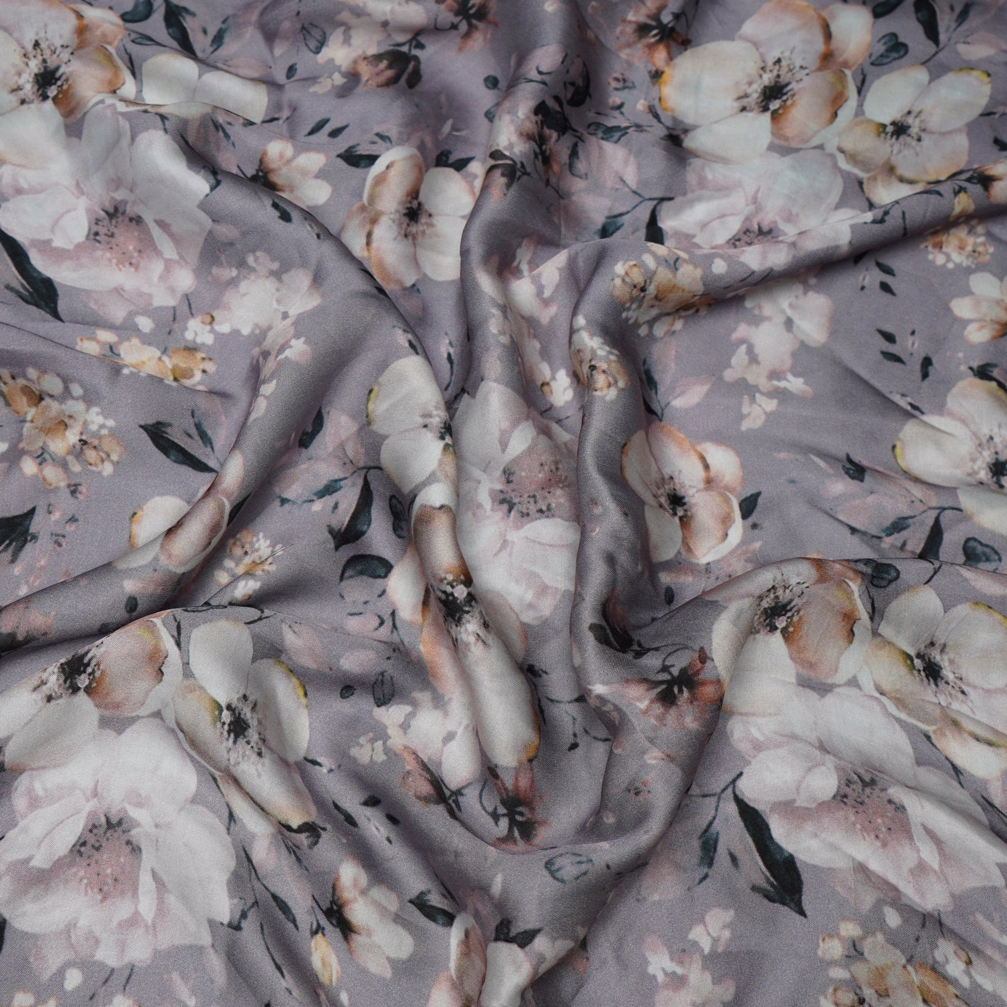 (Pre-Cut 2.30 Mtr)Grey Color Digital Printed Modal Satin Fabric