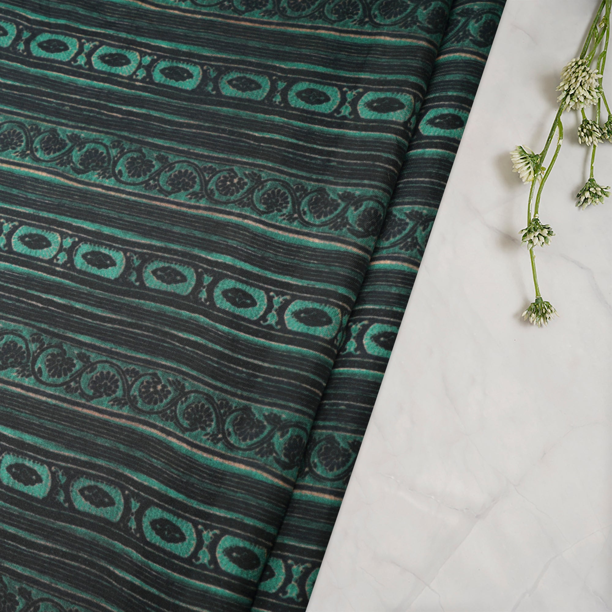 (Pre-Cut 1.00 Mtr)Green All Over Pattern Digital Print Silk Fabric