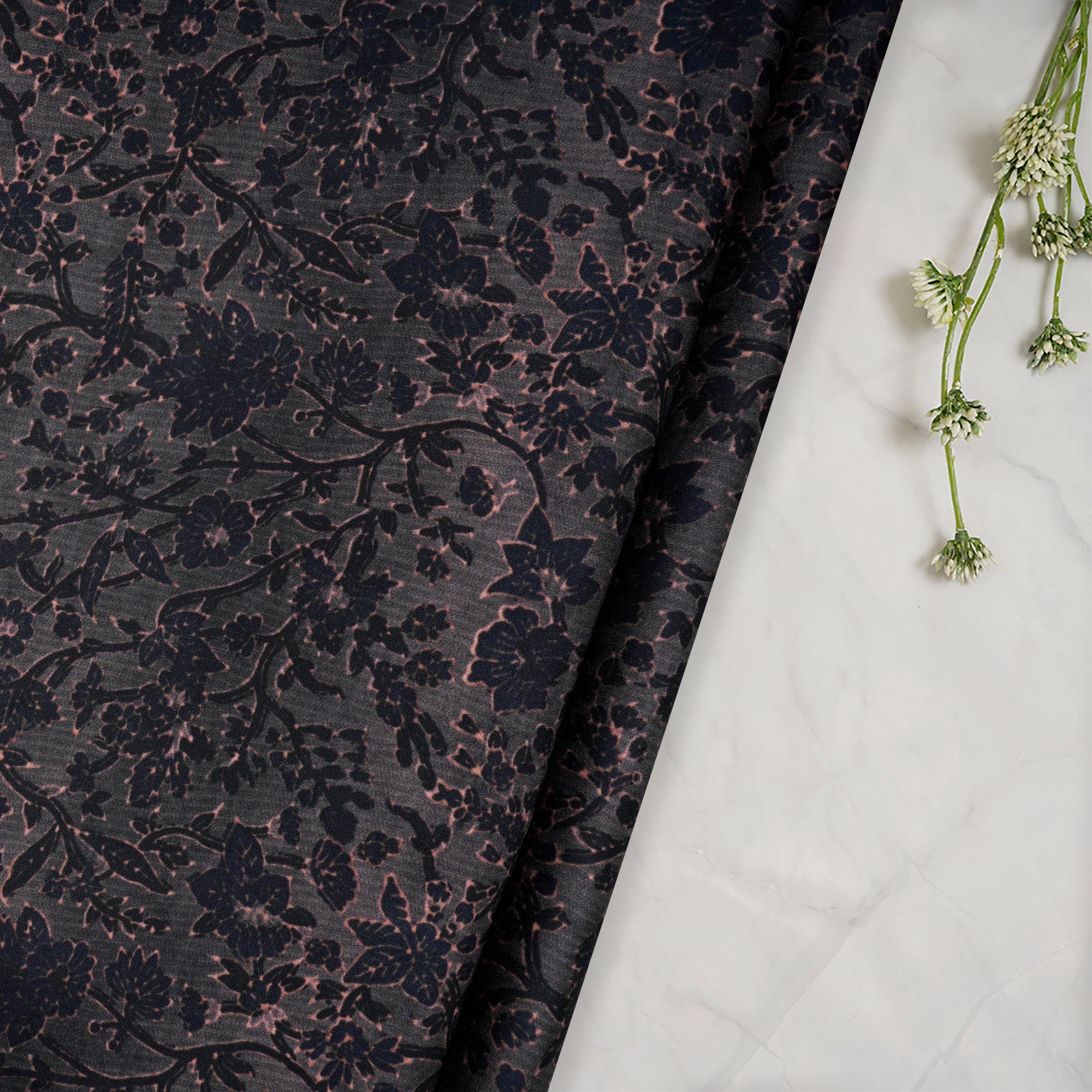 (Pre-Cut 1.00 Mtr)Grey Black Floral Pattern Digital Print Modal Satin Fabric