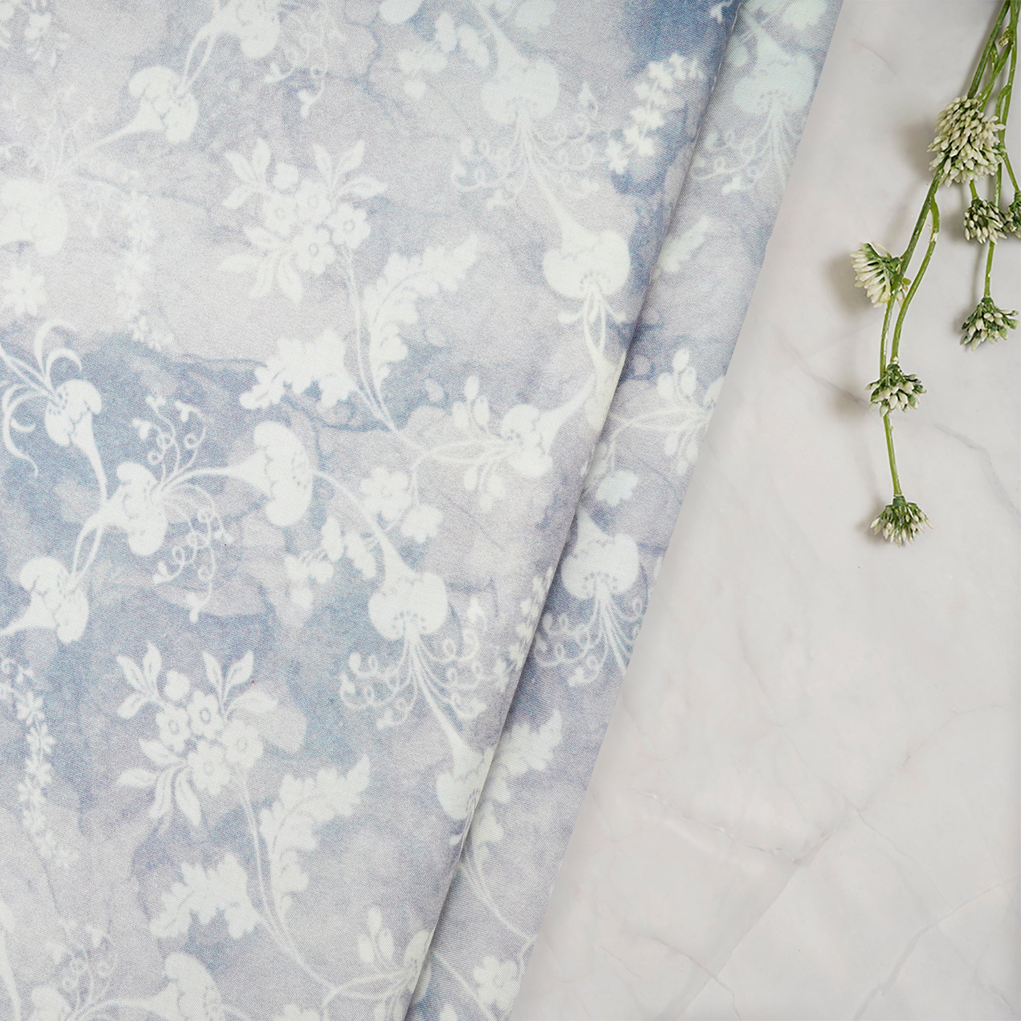 (Pre-Cut 4.50 Mtr)Grey-White Floral Pattern Digital Printed Modal Fabric