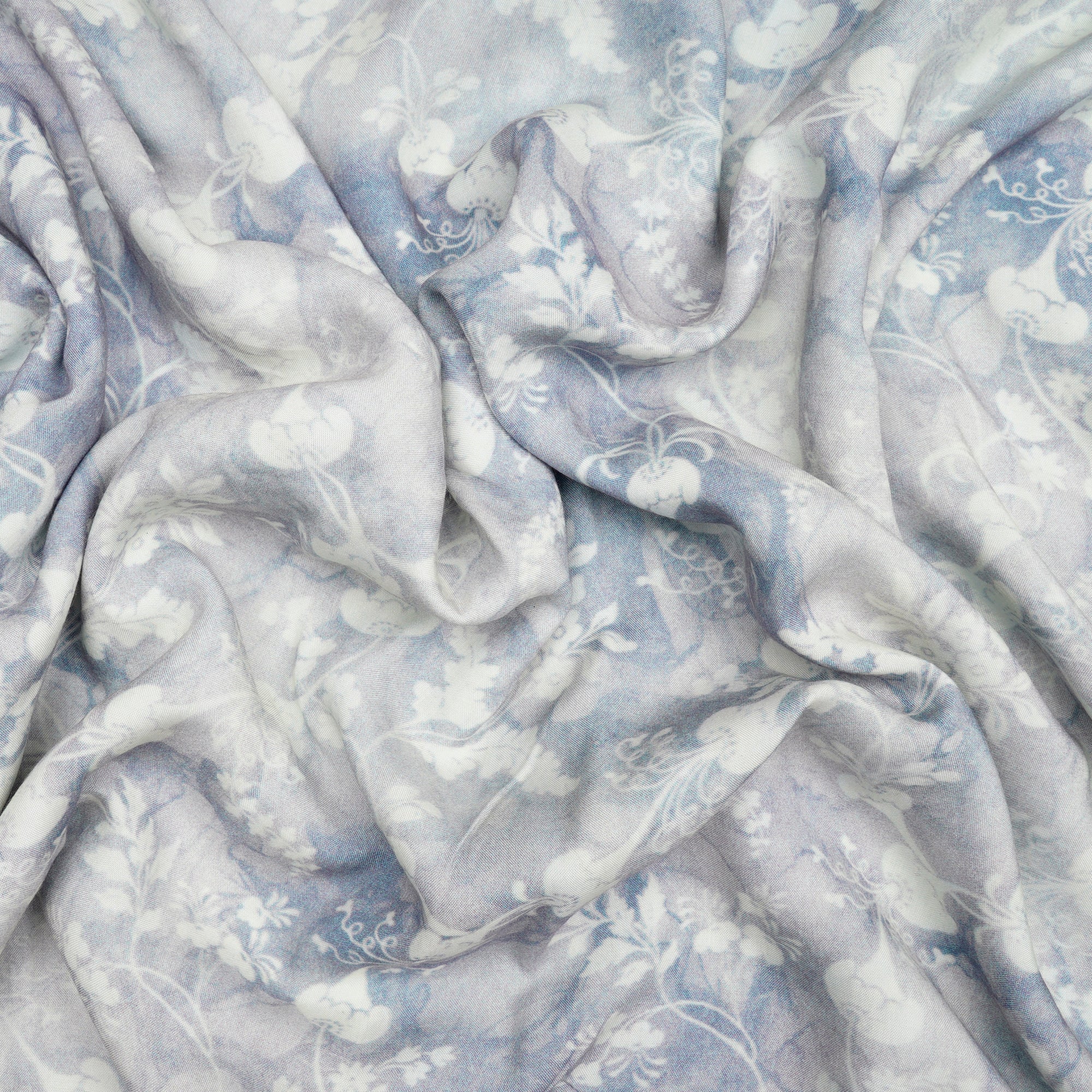 (Pre-Cut 4.50 Mtr)Grey-White Floral Pattern Digital Printed Modal Fabric