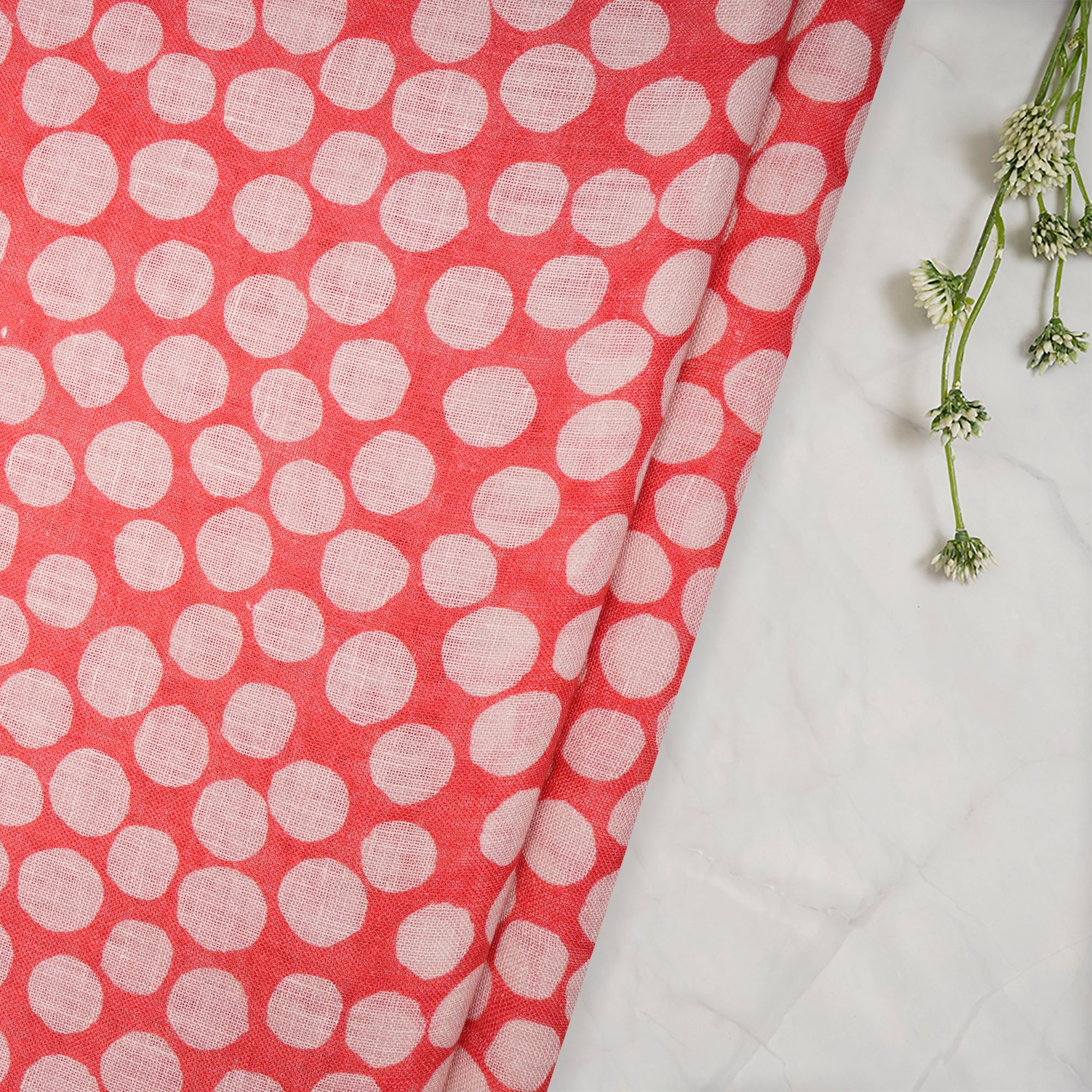 (Pre-Cut 1.50 Mtr)Hibiscus Polka Dot Pattern Digital Print Gauge Linen Fabric