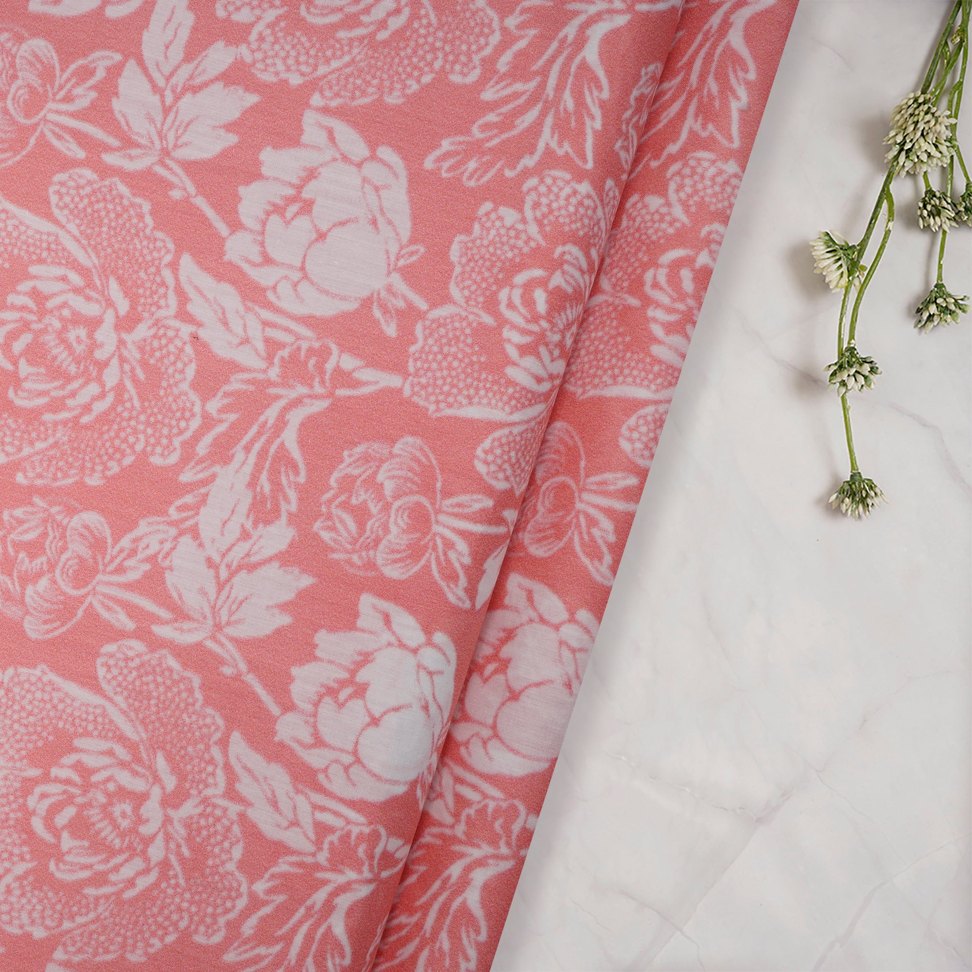 (Pre-Cut 2.50 Mtr)Peach-White Floral Pattern Digital Printed Cotton Lawn Fabric