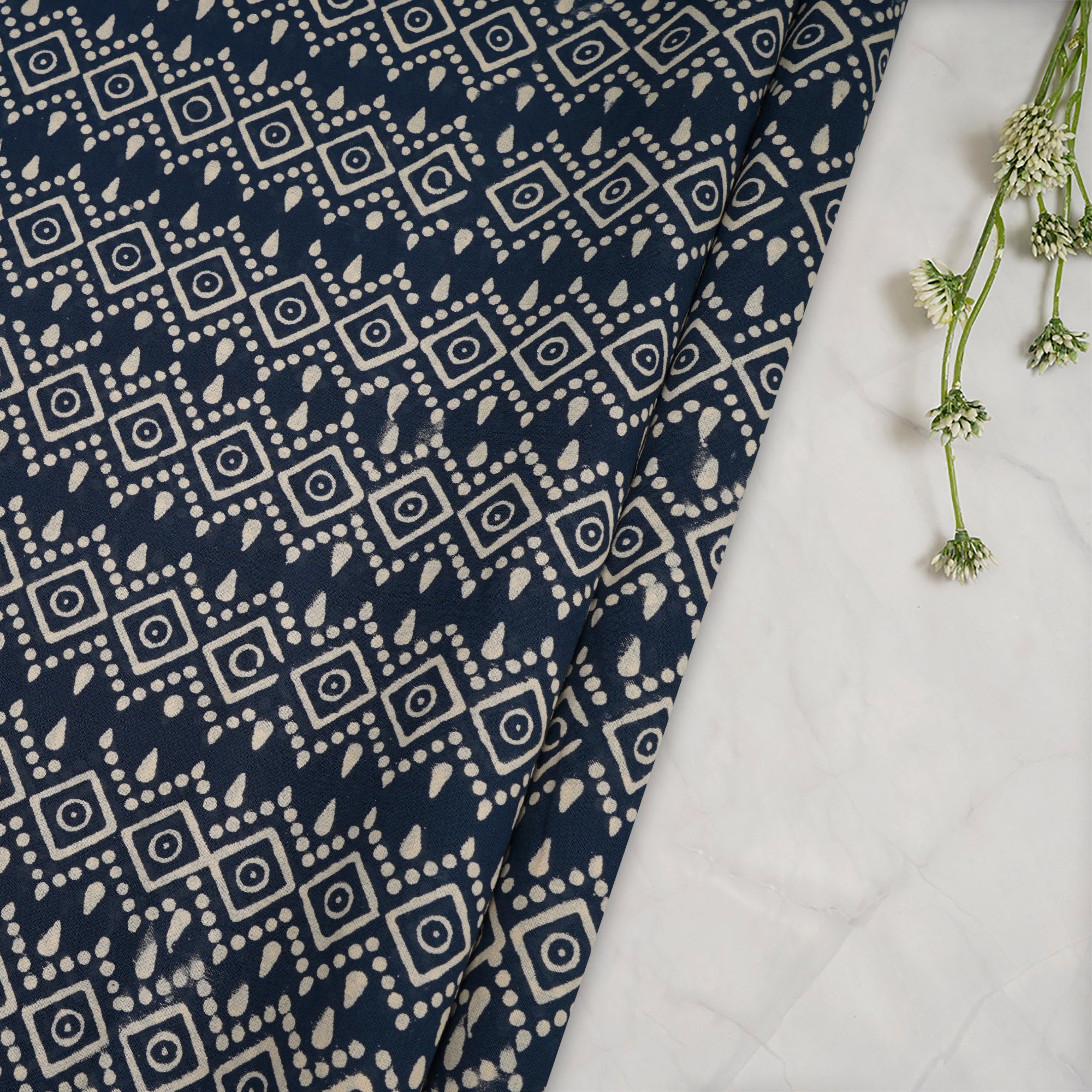 (Pre-Cut 1.60 Mtr)Navy Blue All Over Pattern Ajrak Print Voile Fabric