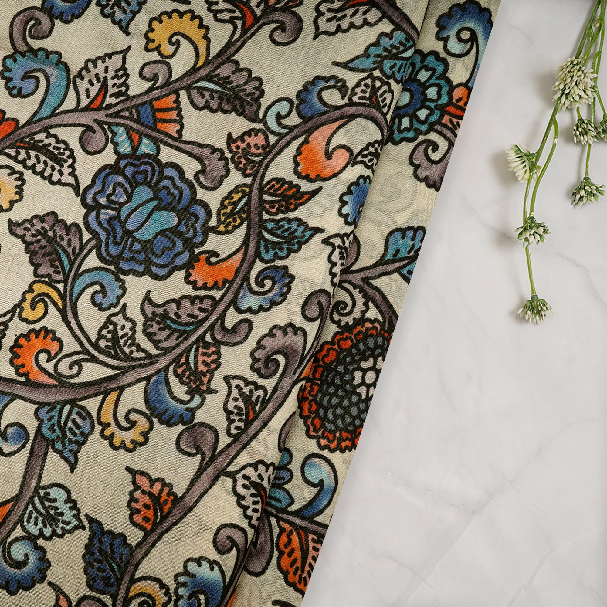 (Pre-Cut 2.00Mtr)Asparagus Green Floral Pattern Digital Print Chanderi Fabric