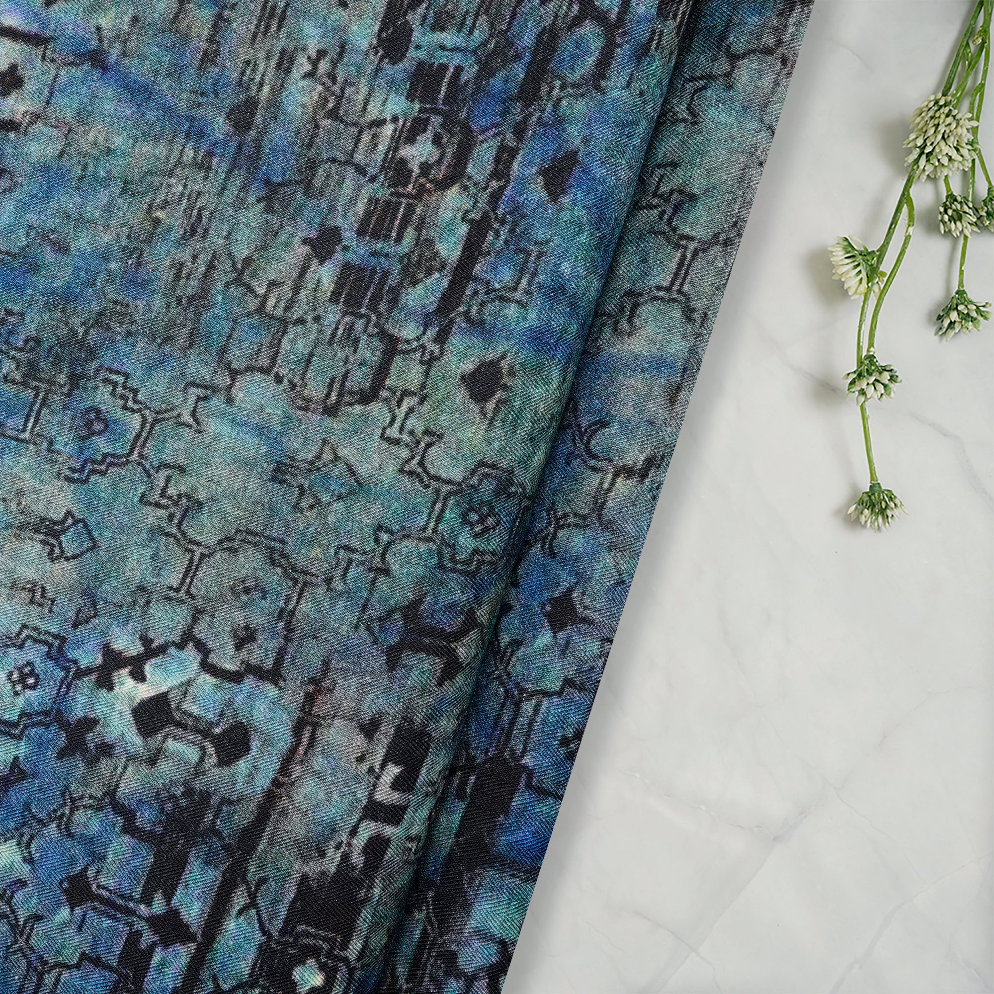 (Pre-Cut 0.90 Mtr)Blue-Green Color Digital Printed Pashmina Viscose Fabric