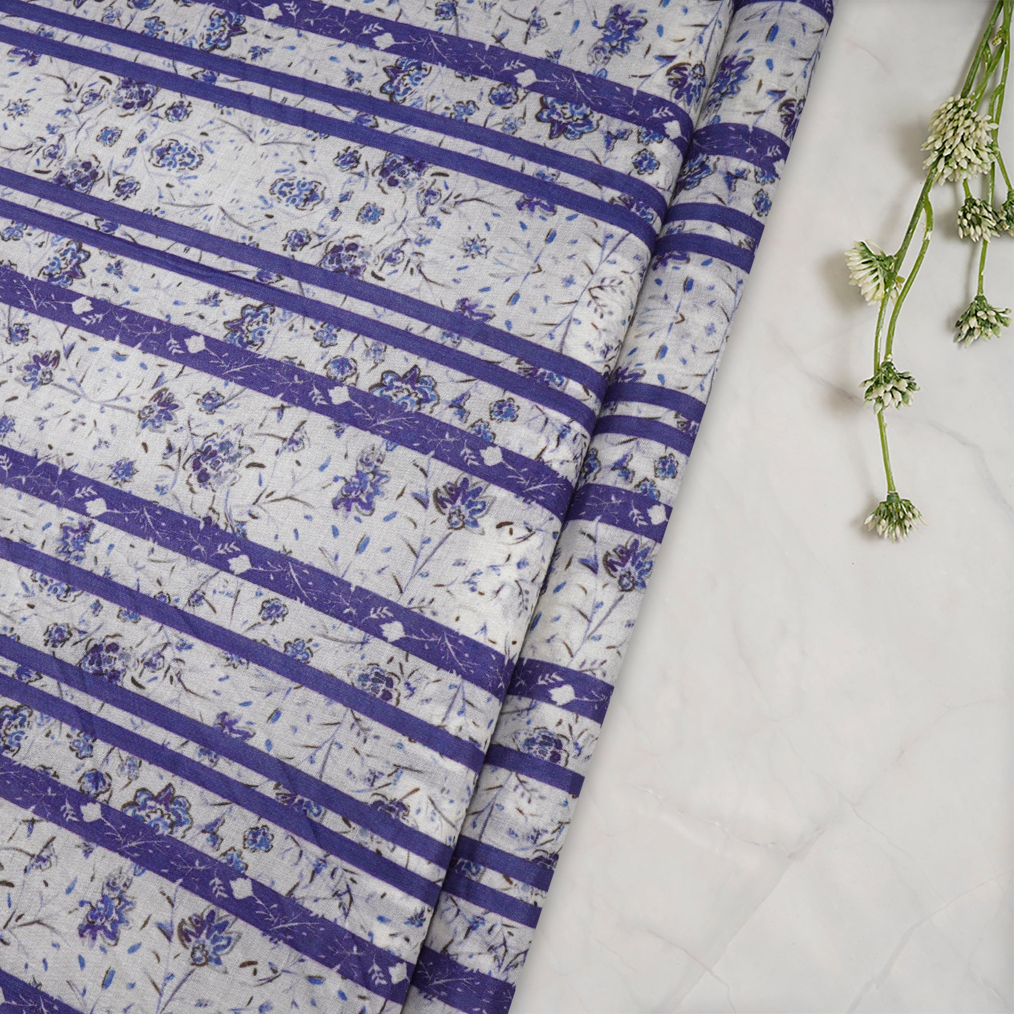 (Pre-Cut 1.70 Mtr)Off-White-Purple Color Digital printed Tussar Chanderi Fabric