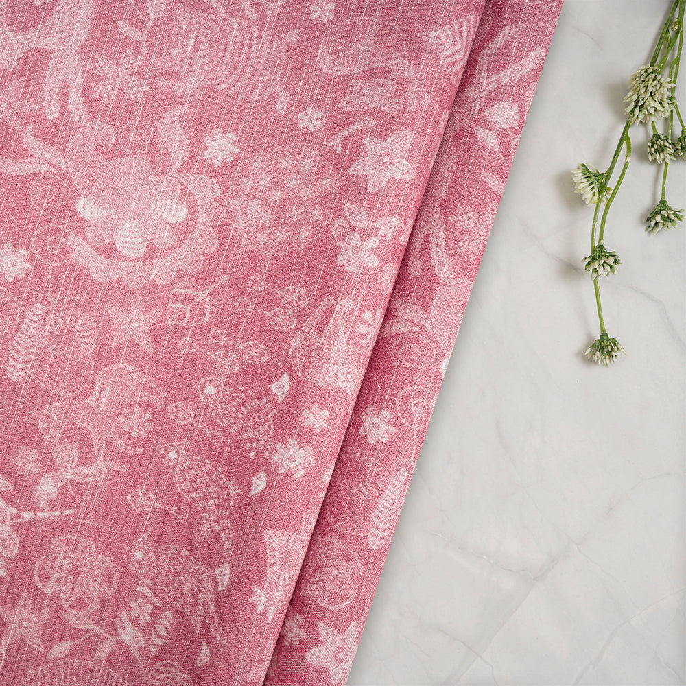 (Pre-Cut 0.70 Mtr)Pink Color Digital Printed Linen Silk Fabric
