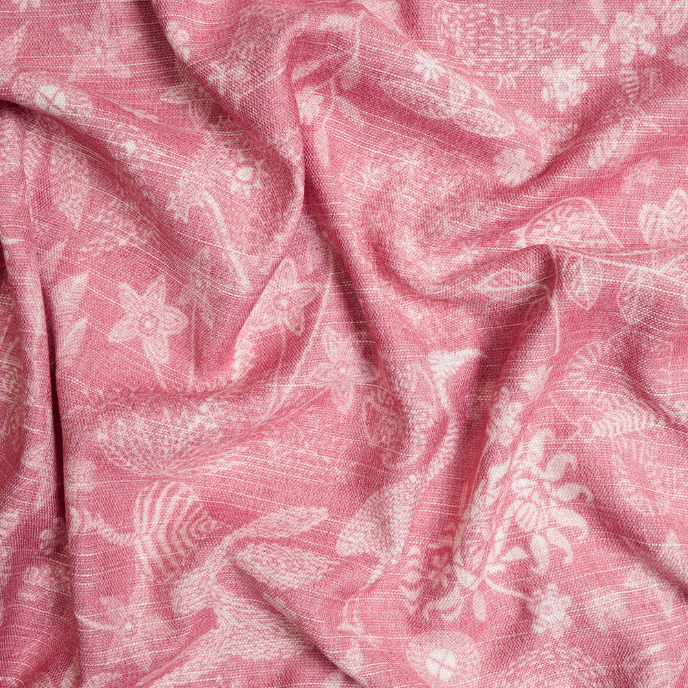 (Pre-Cut 0.70 Mtr)Pink Color Digital Printed Linen Silk Fabric