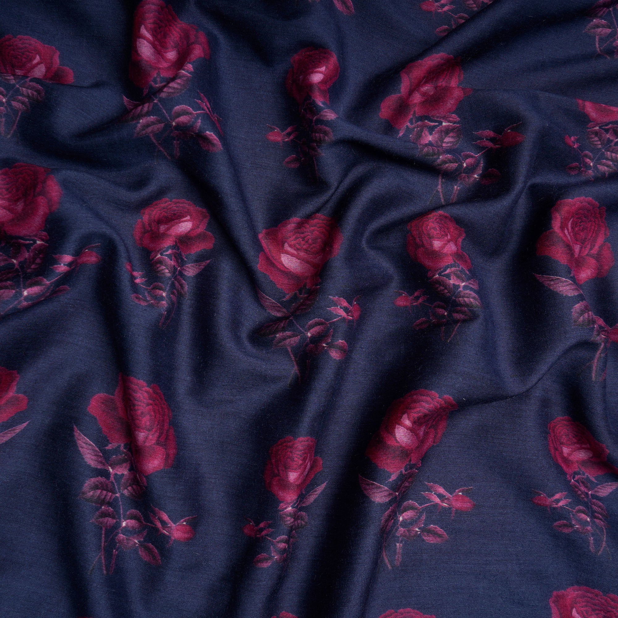 (Pre-Cut 1.00 Mtr)Navy Blue Floral Pattern Digital Print Muga Georgette Fabric