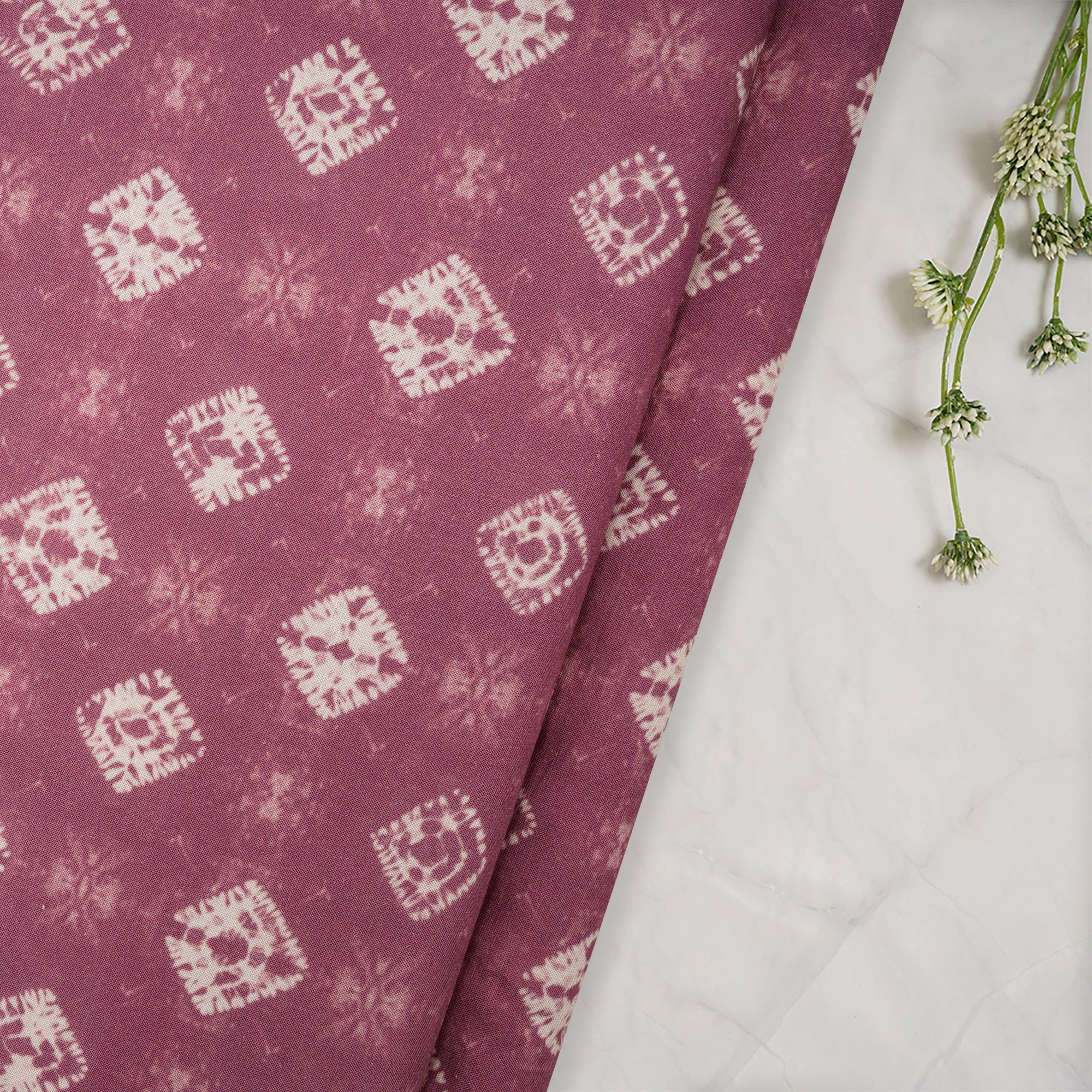 (Pre-Cut 1.80 Mtr)Mate Pink Bandhani Pattern Digital Print Fancy Linen Fabric