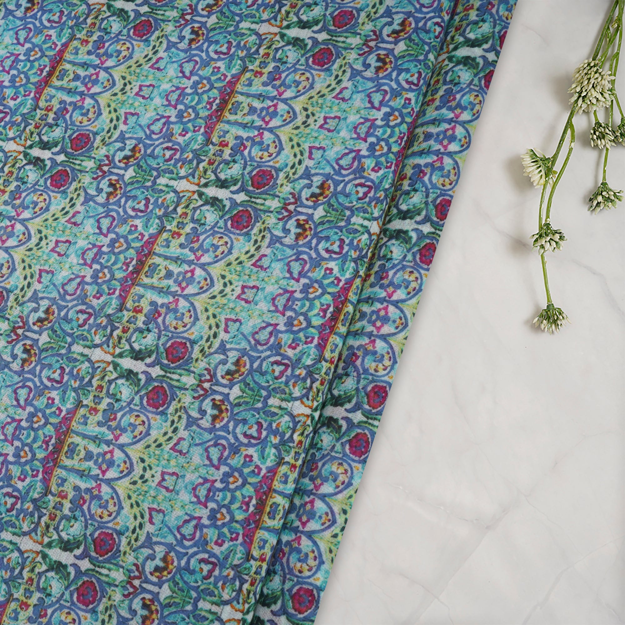 (Pre-Cut 1.60 Mtr)Multi Color Digital Printed High Twisted Cotton Voile Fabric