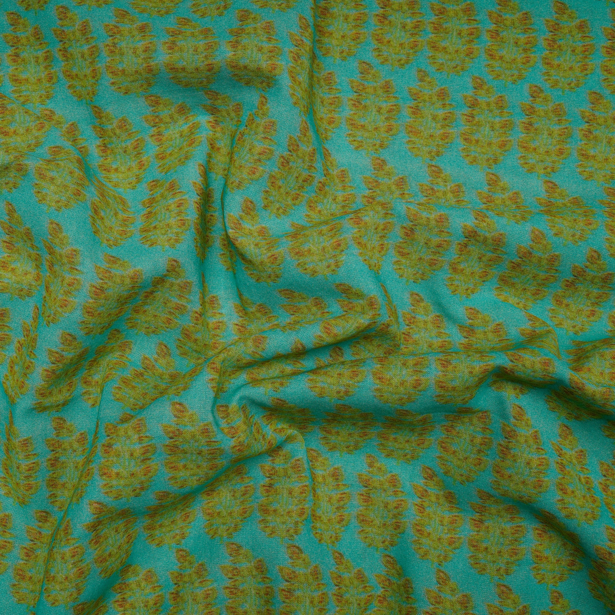 (Pre-Cut 1.90 Mtr)Blue-Green Color Digital Printed High Twisted Cotton Voile Fabric