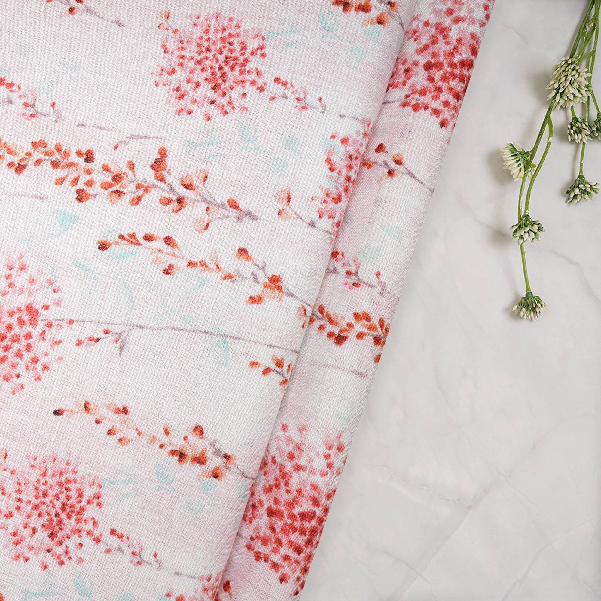 (Pre-Cut 2.50 Mtr) White Floral Pattern Digital Print Pure Linen Fabric