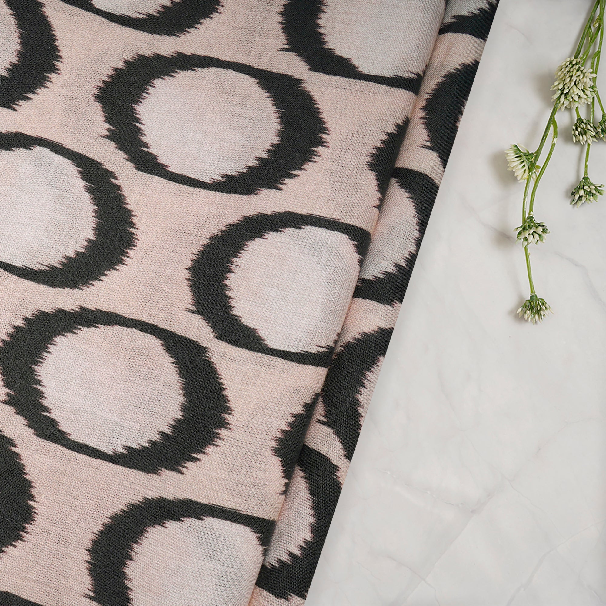 (Pre-Cut 1.00 Mtr)Beige-Black Ikat Pattern Digital Print Linen Fabric