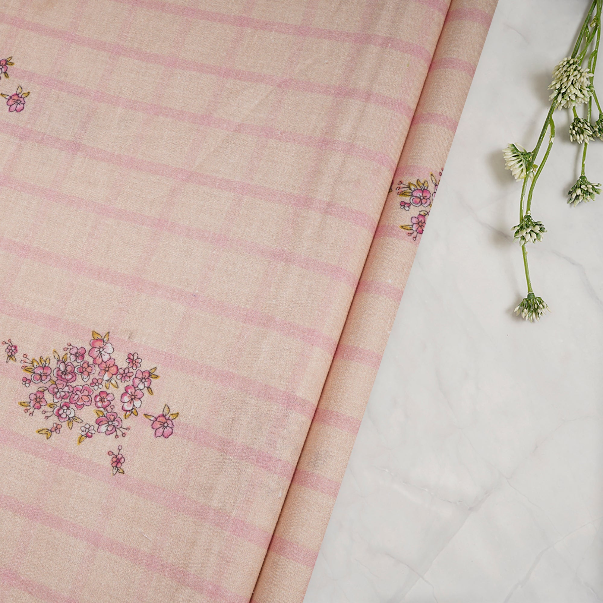 (Pre-Cut 1.40 Mtr)Beige Floral Pattern Digital Print Muslin Cotton Fabric