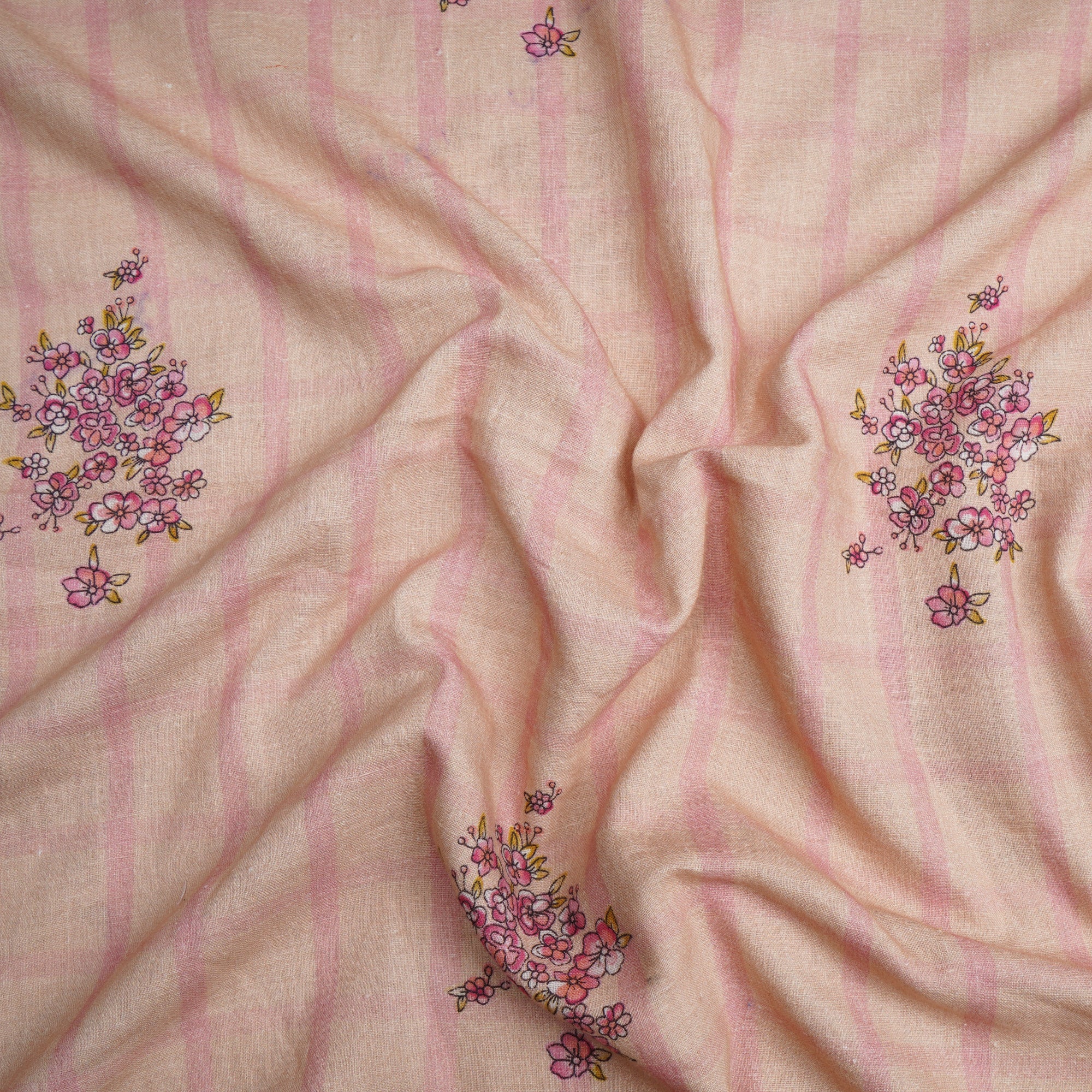 (Pre-Cut 1.40 Mtr)Beige Floral Pattern Digital Print Muslin Cotton Fabric