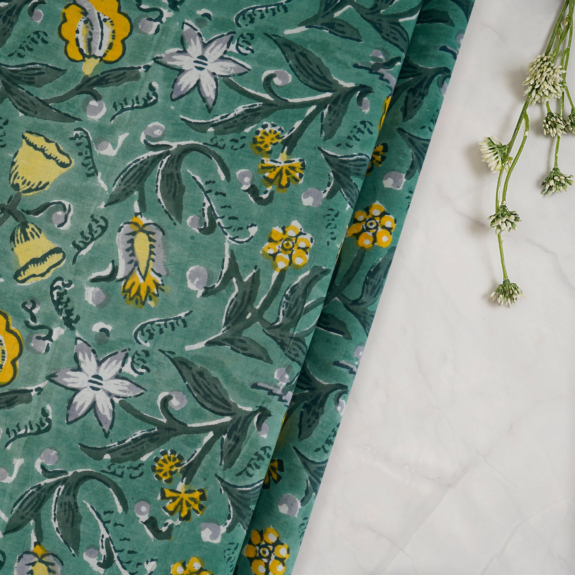 (Pre-Cut 4.30Mtr)Frosty Spruce Floral Pattern Hand Block Printed Cotton Mulmul Fabricprecuts&&2050