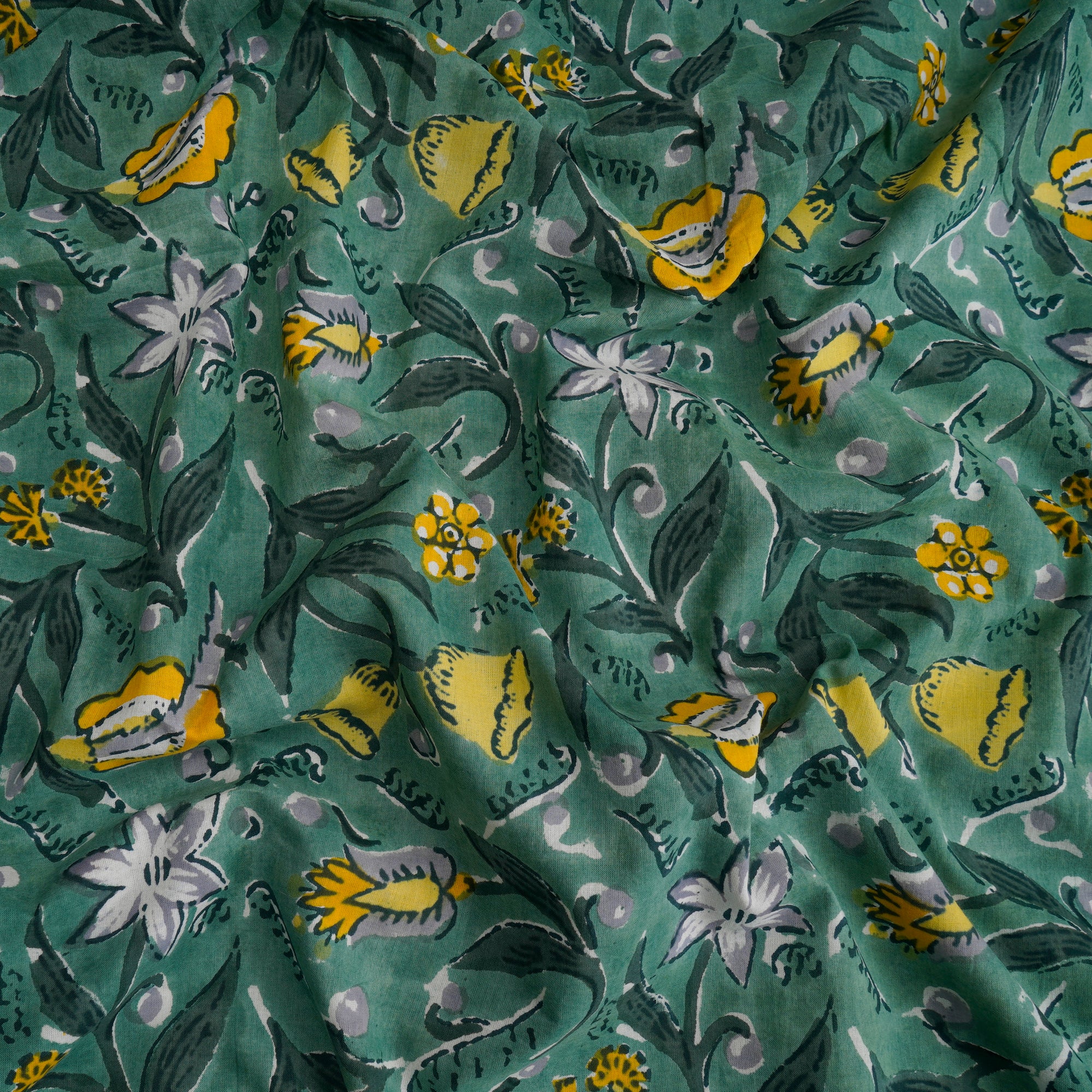 (Pre-Cut 4.30Mtr)Frosty Spruce Floral Pattern Hand Block Printed Cotton Mulmul Fabricprecuts&&2050