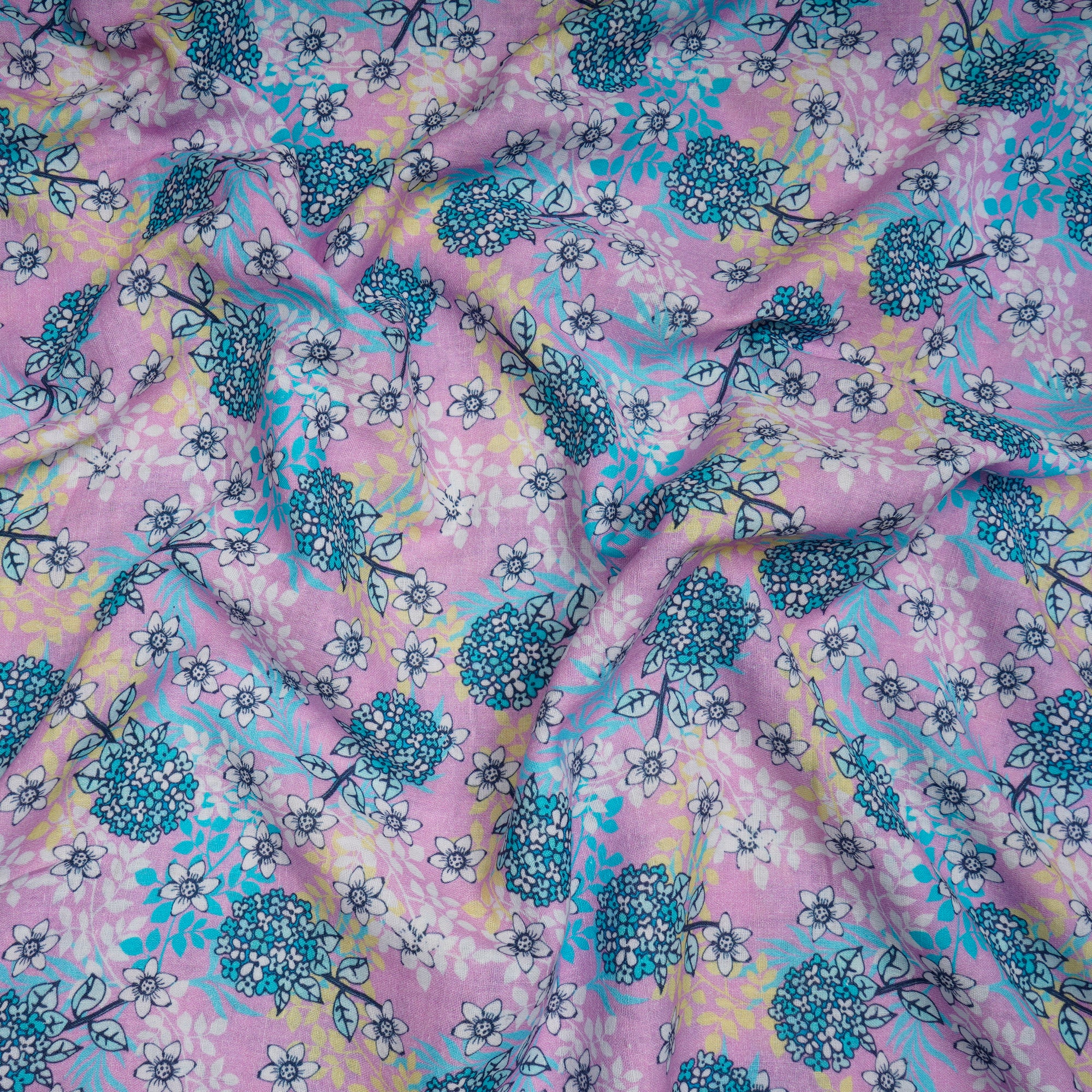 (Pre-Cut 3.60Mtr)Pink-Blue Floral Pattern Digital Printed Muslin Cotton Fabricprecuts&&2060