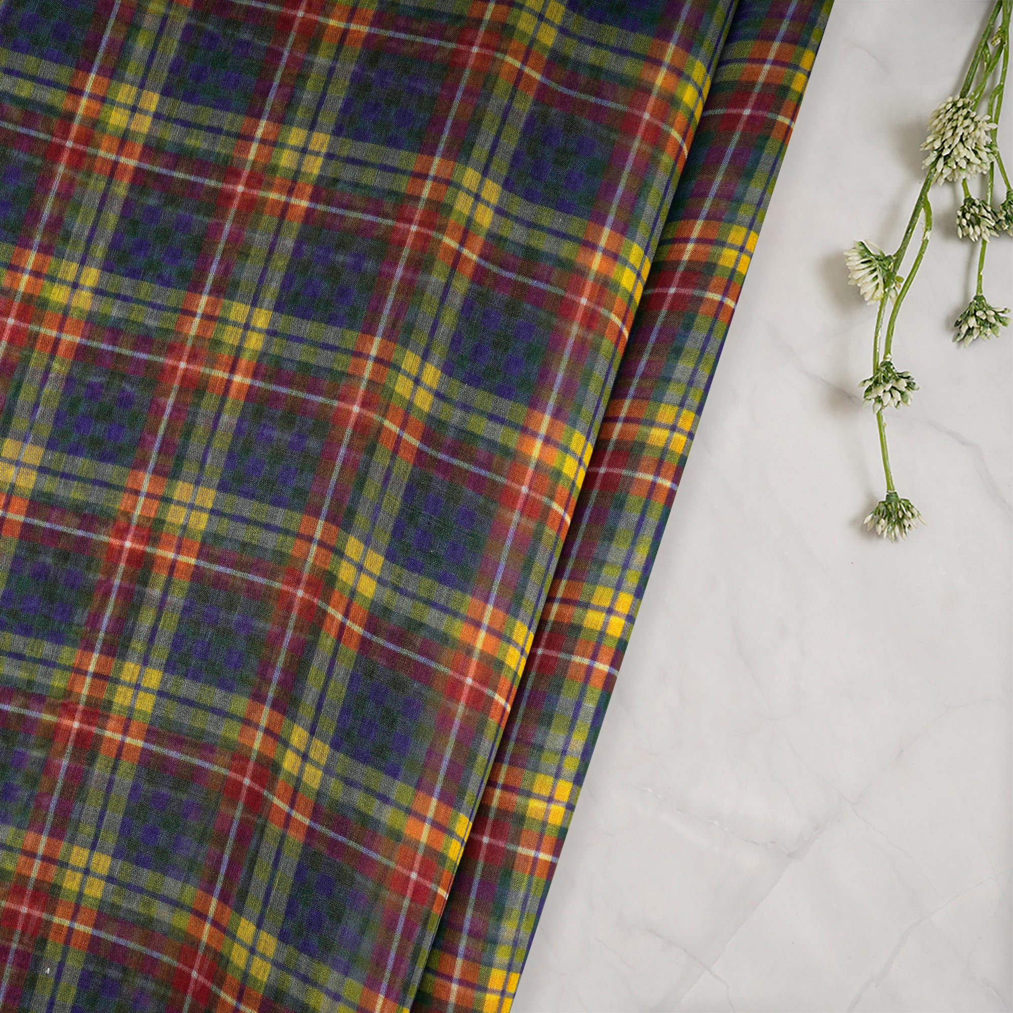 (Pre-Cut 4.00Mtr)Multi Color Check Pattern Digital Print Fine Mul Chanderi Fabricprecuts&&2063