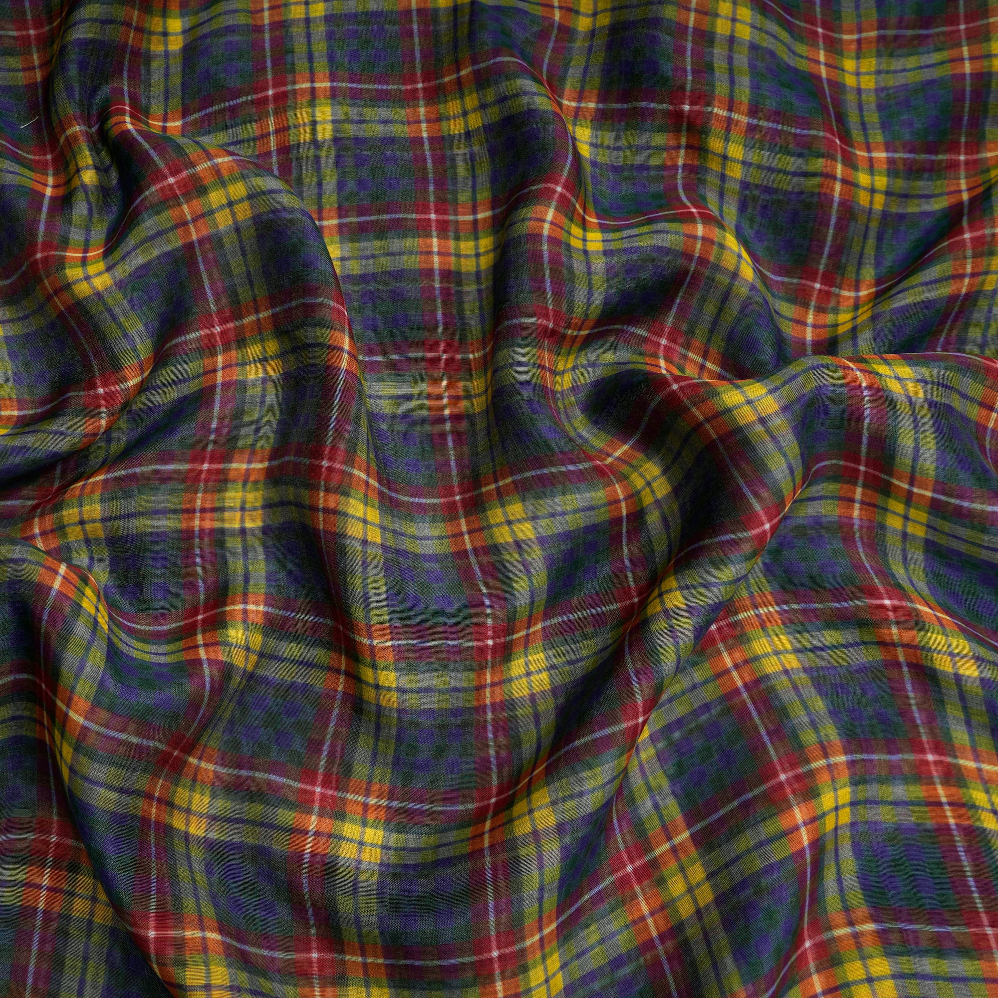 (Pre-Cut 4.00Mtr)Multi Color Check Pattern Digital Print Fine Mul Chanderi Fabricprecuts&&2063