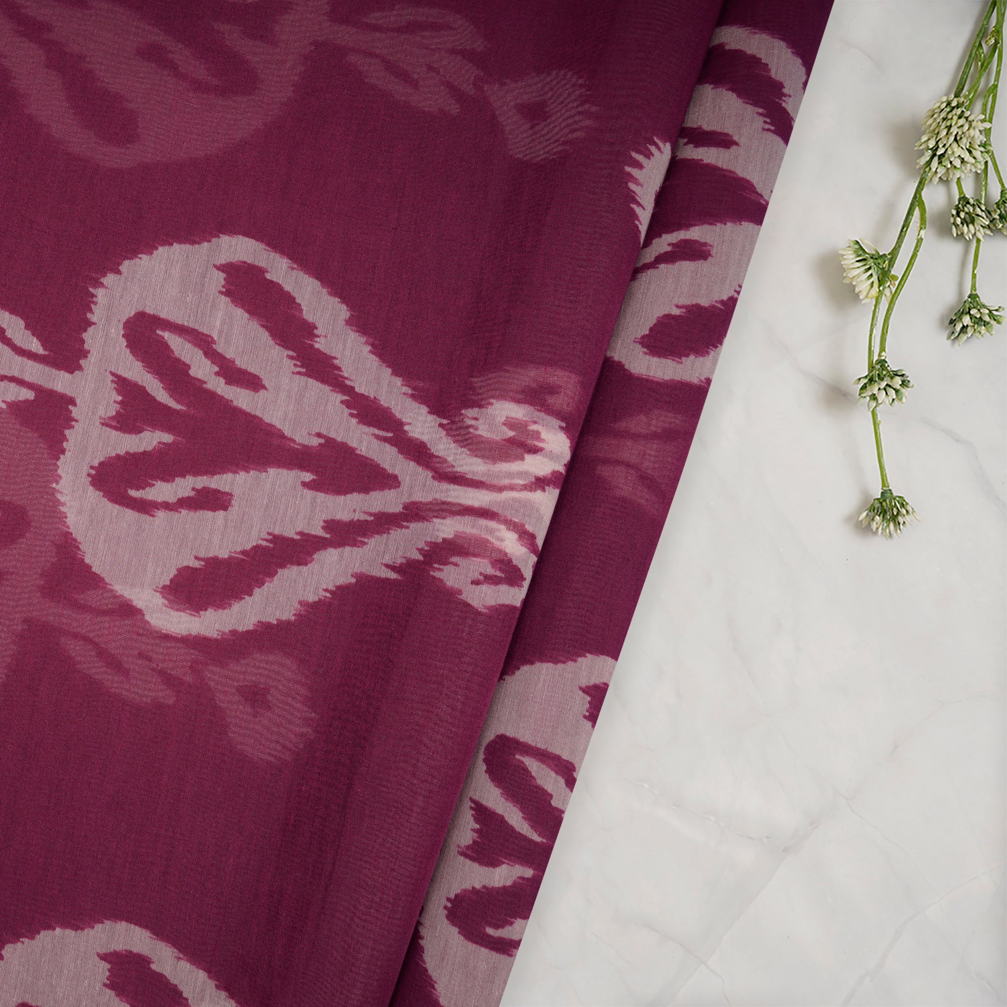 (Pre-Cut 2.60Mtr)Wine Ikat Pattern Digital Print Chanderi Fabric