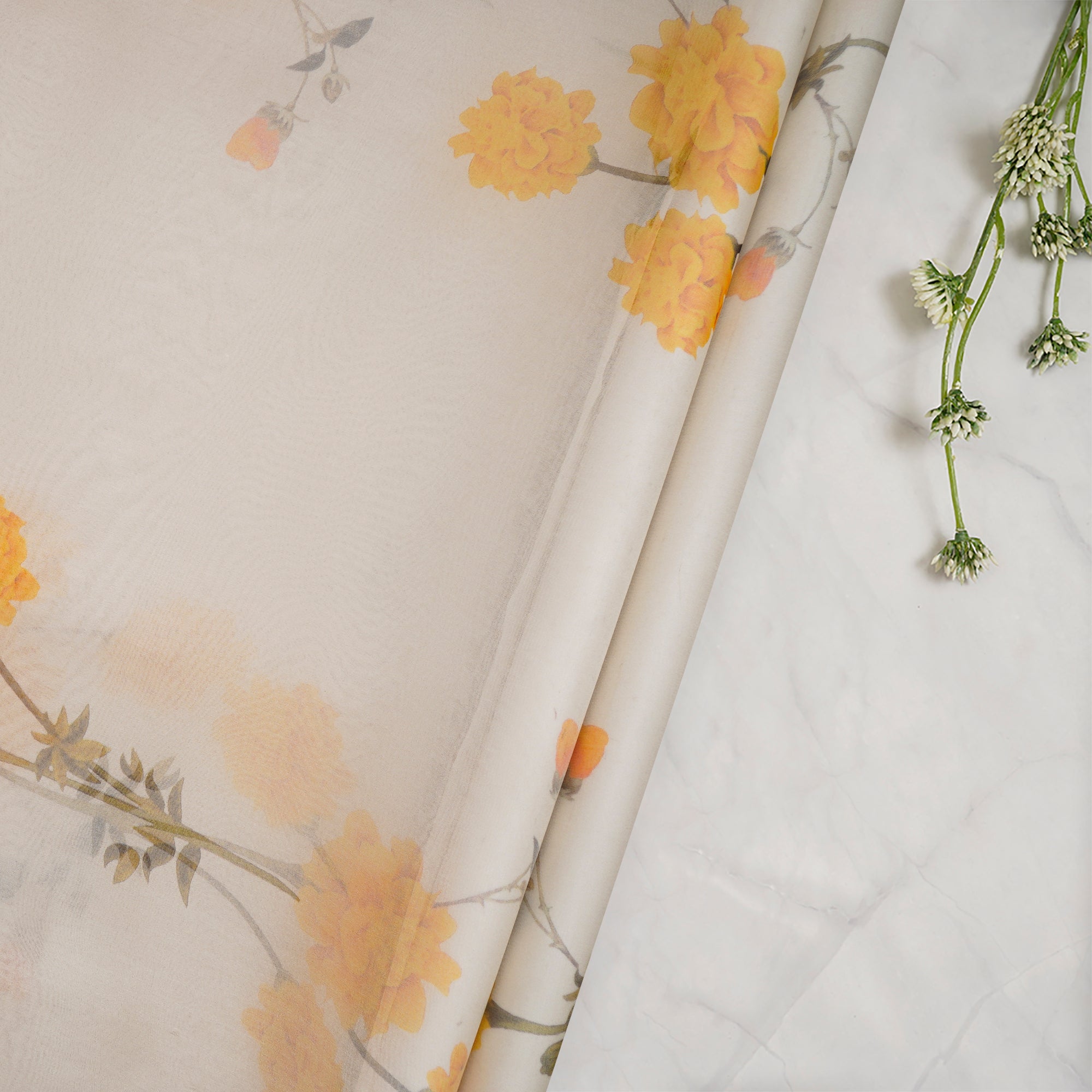 (Pre-Cut 1.70Mtr)Off-White Floral Pattern Digital Print Organza Silk Fabric