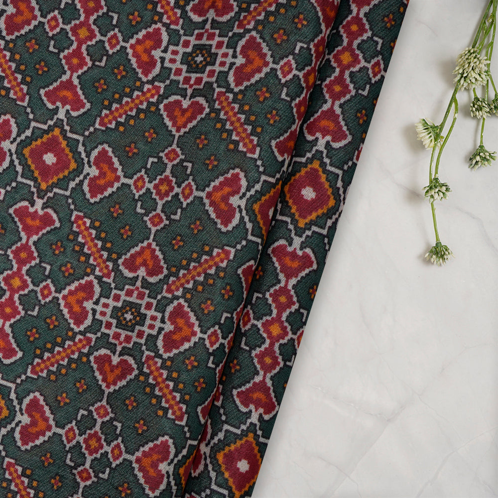 (Pre-Cut 4.80Mtr)Green Color Digital Printed Patola Pattern Tussar Chanderi Fabric