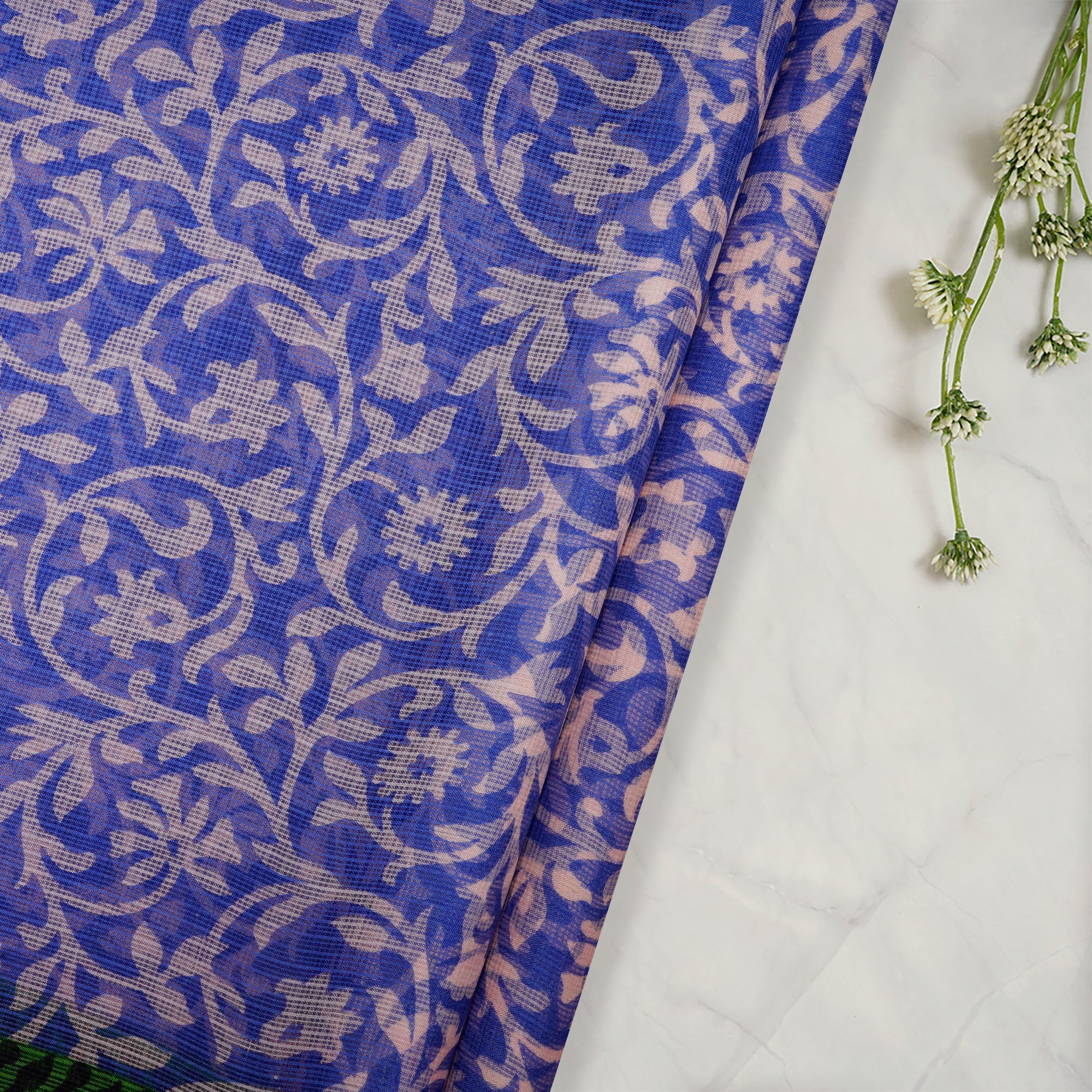 (Pre-Cut 3.00Mtr)Blue-White Floral Pattern Printed Kota Silk Fabric