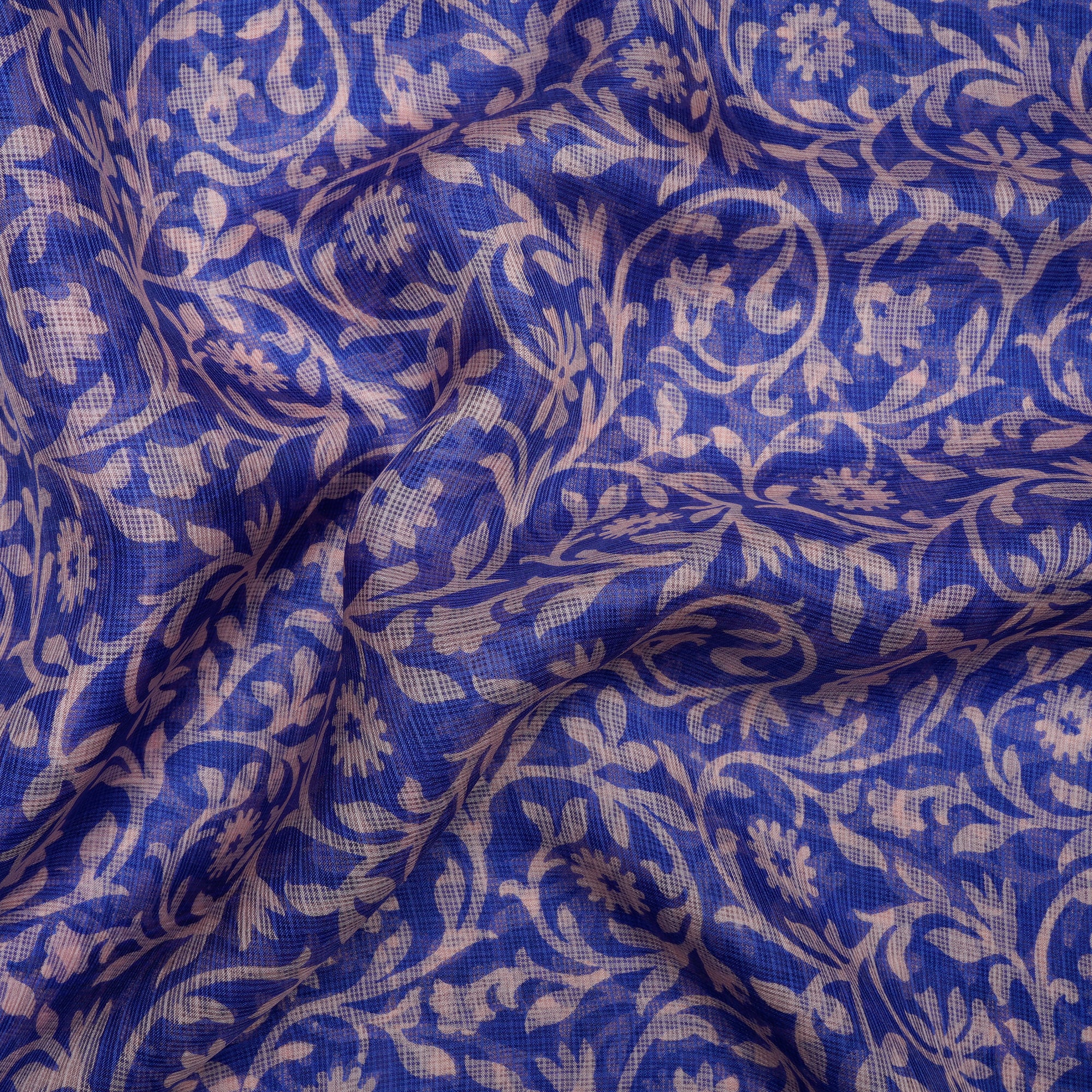 (Pre-Cut 3.00Mtr)Blue-White Floral Pattern Printed Kota Silk Fabric