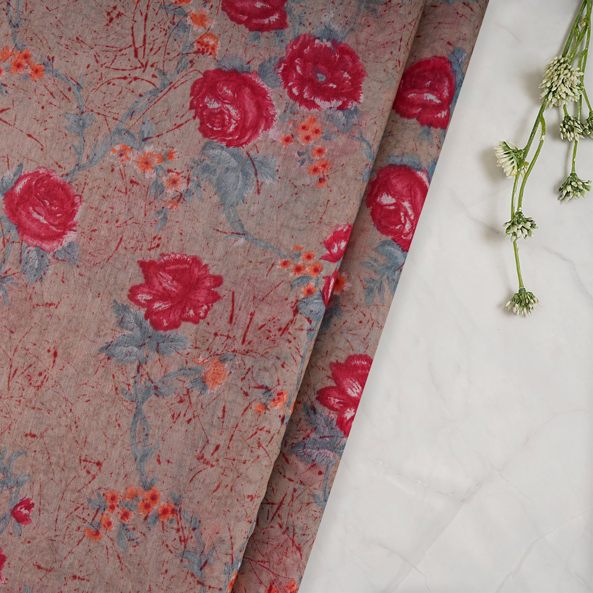 (Pre-Cut 2.40Mtr)Light Orange-Red Floral Pattern Printed Fine Chanderi Fabric