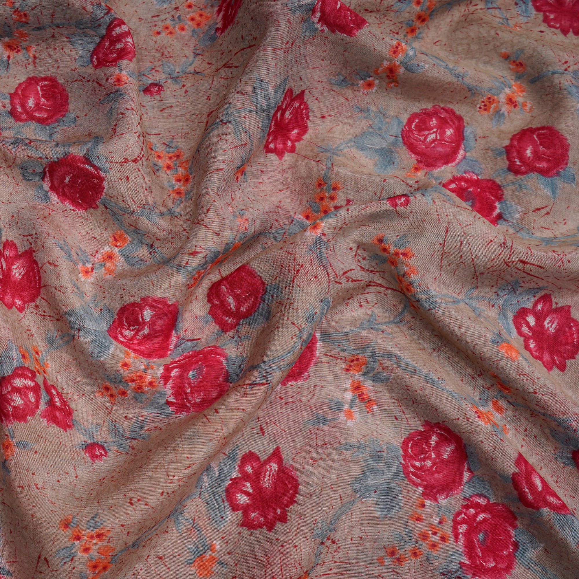 (Pre-Cut 2.40Mtr)Light Orange-Red Floral Pattern Printed Fine Chanderi Fabric