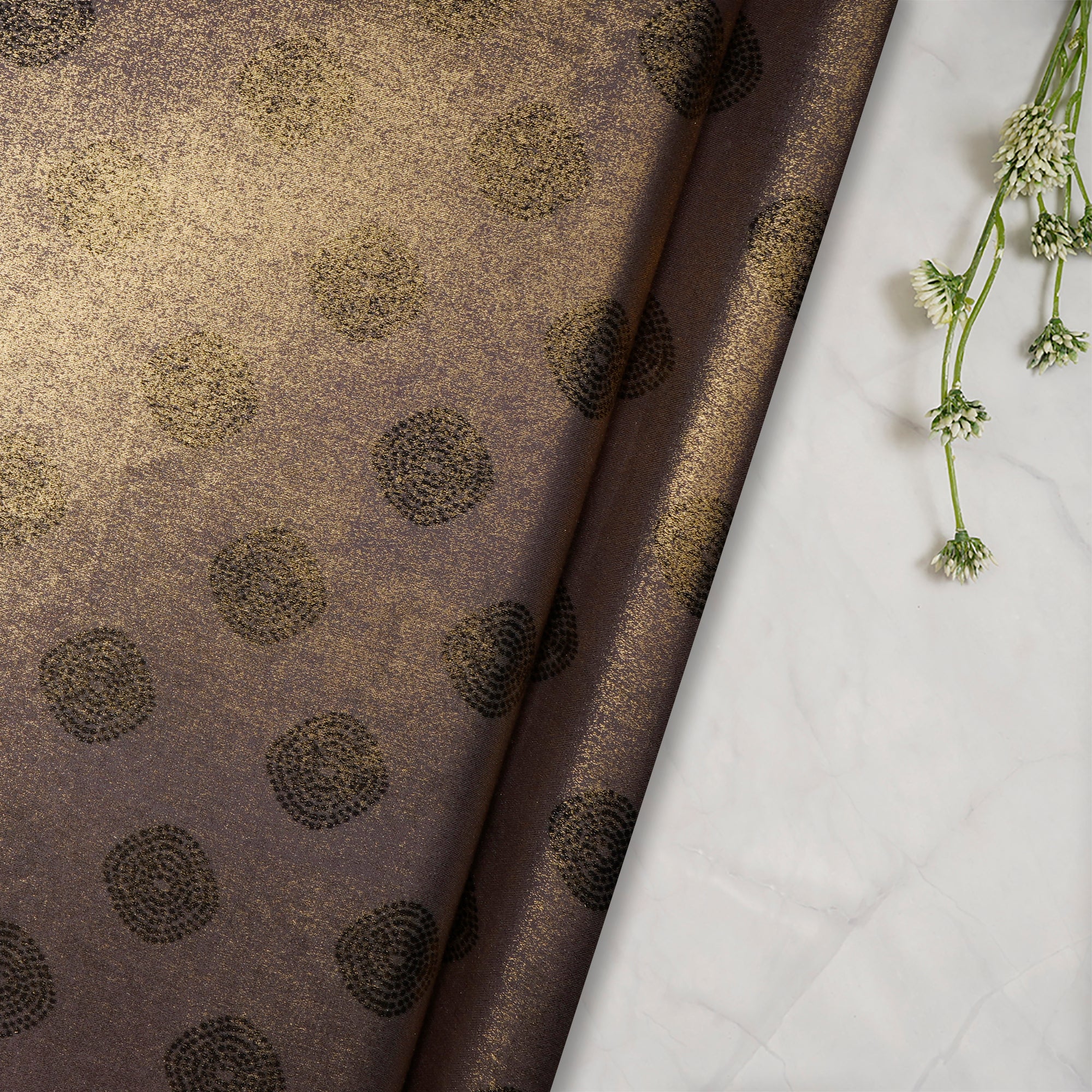 (Pre-Cut 4.70Mtr)Gold-Beige Digital & Foile Printed Bemberg Modal Satin Fabric