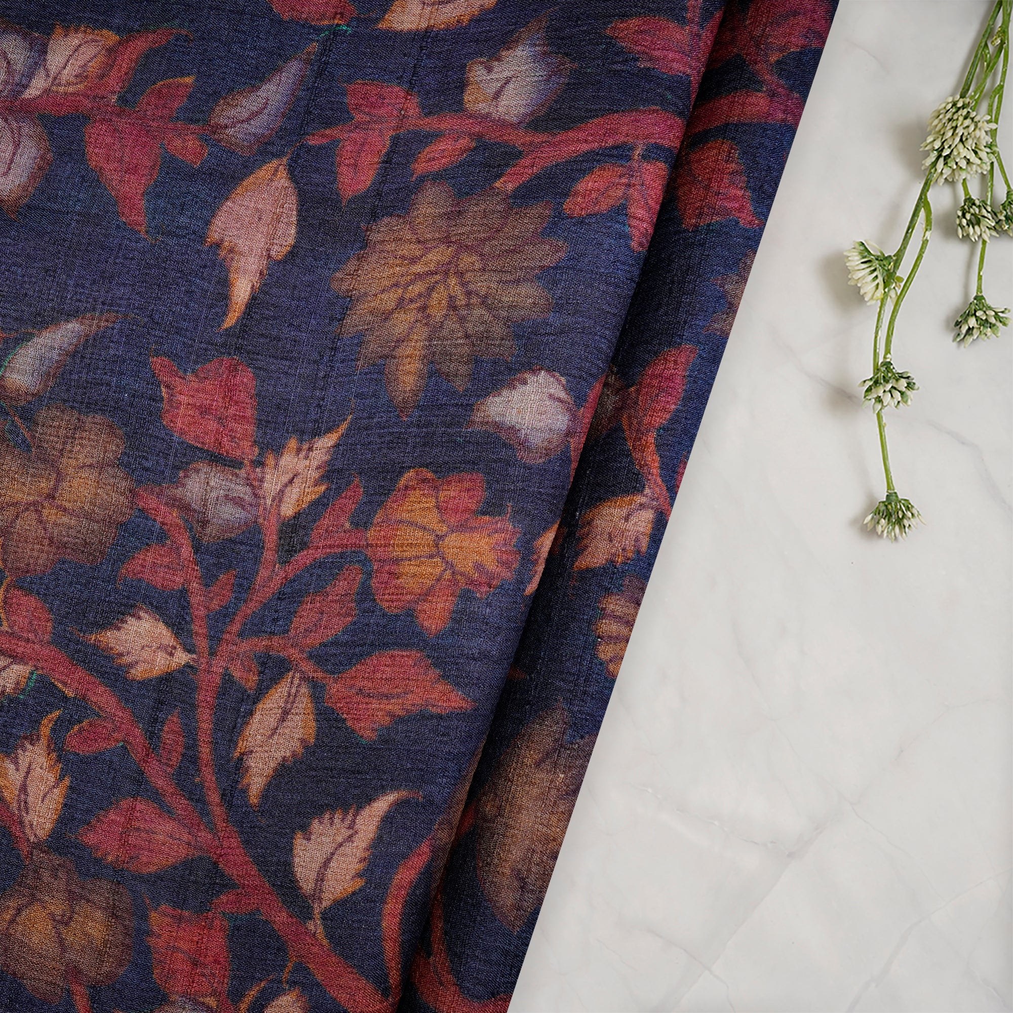 (Pre-Cut 2.60Mtr)Voilet Floral Pattern Digital Print Tusser Silk Fabric