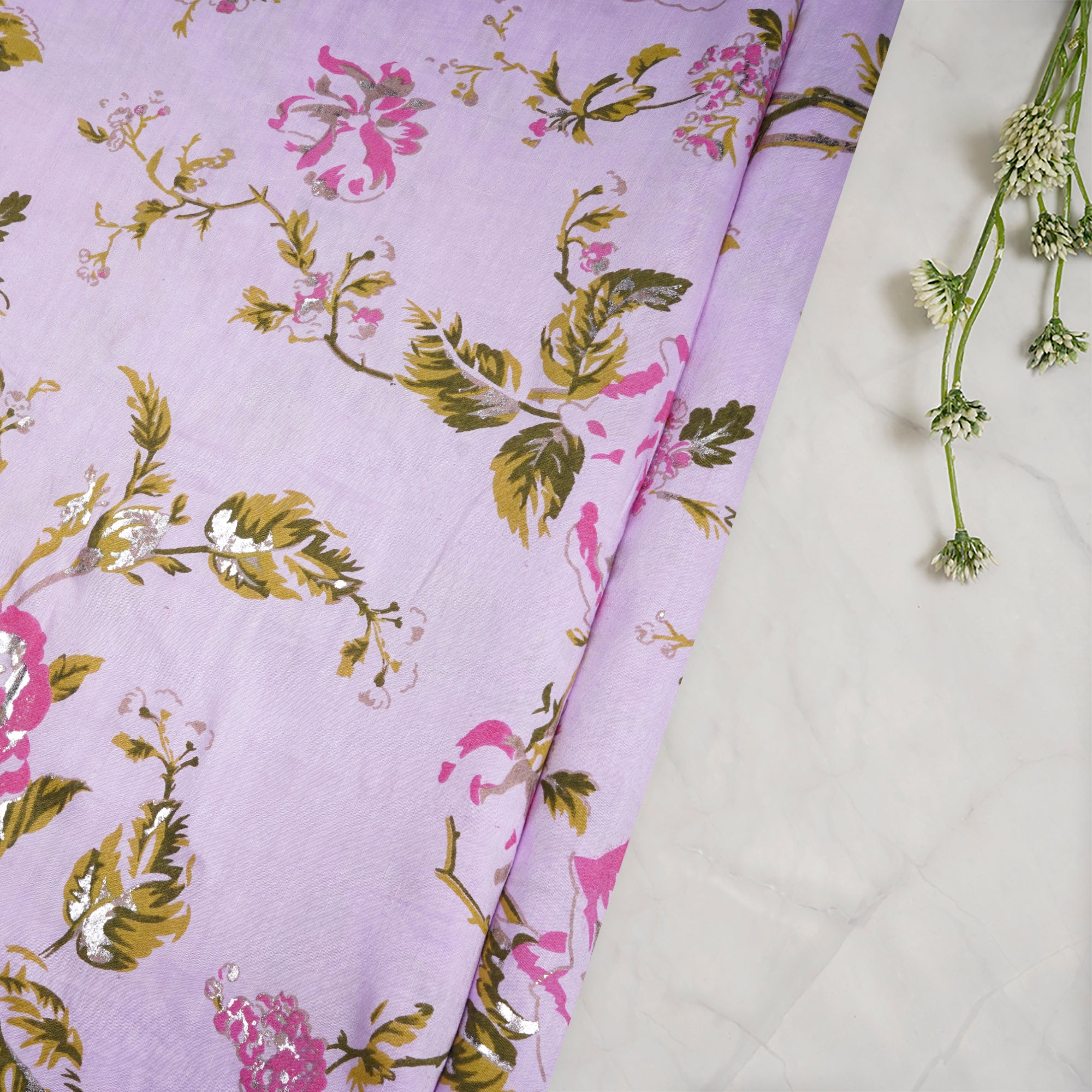(Pre-Cut 2.50Mtr)Taffy Pink Floral Pattern Printed Bemberg Linen Fabric