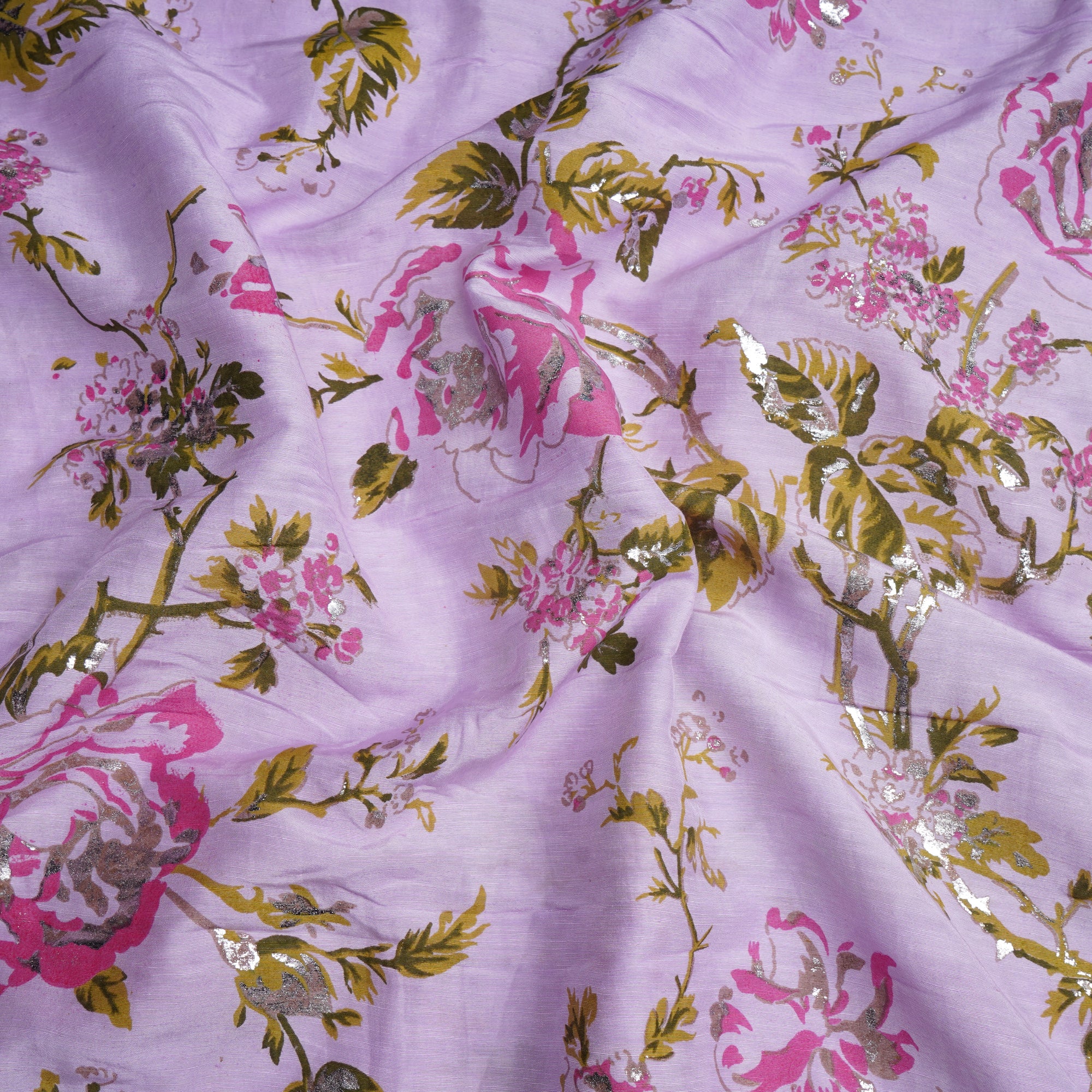 (Pre-Cut 2.50Mtr)Taffy Pink Floral Pattern Printed Bemberg Linen Fabric