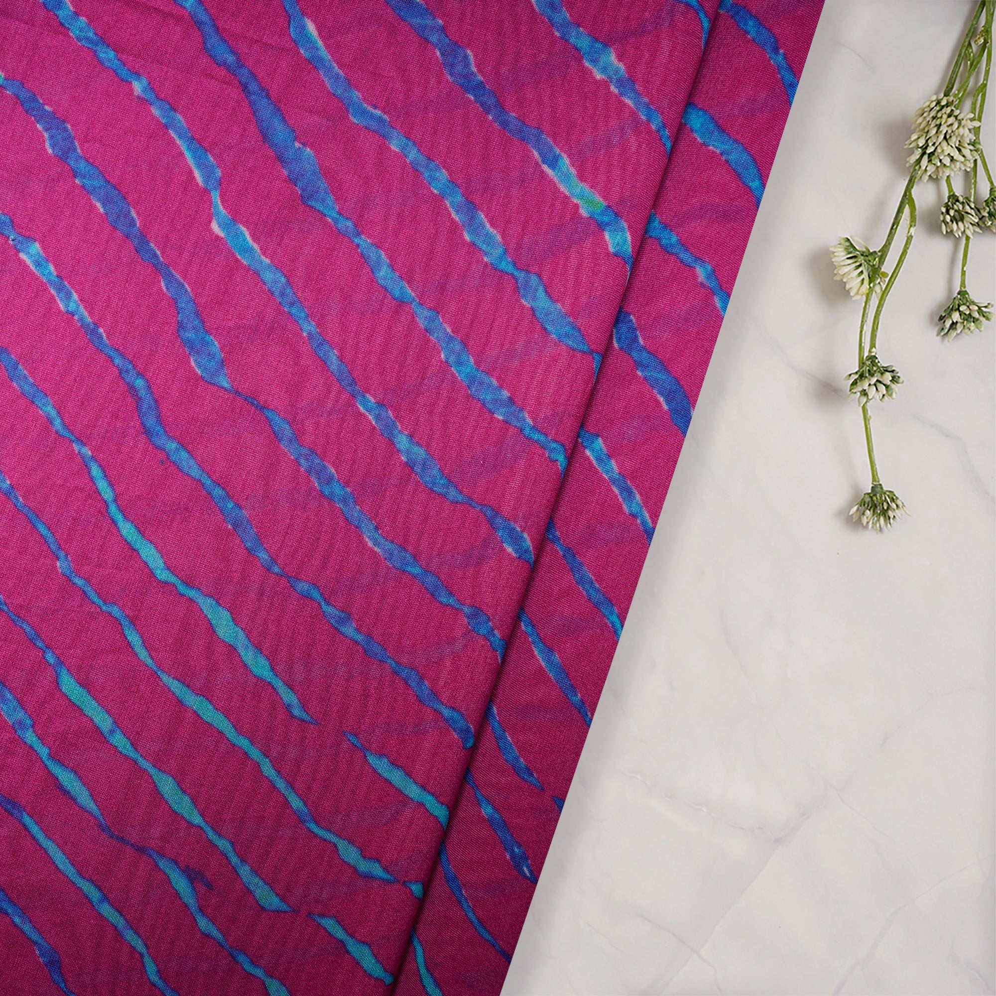 (Pre-Cut 2.40Mtr)Pink-Blue Lehariya Pattern Digital Print Chanderi Fabric