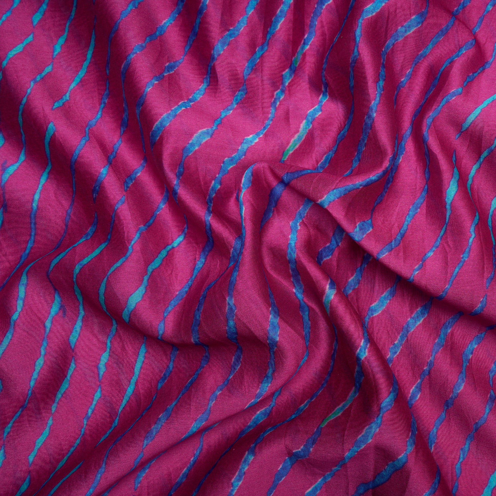 (Pre-Cut 2.40Mtr)Pink-Blue Lehariya Pattern Digital Print Chanderi Fabric