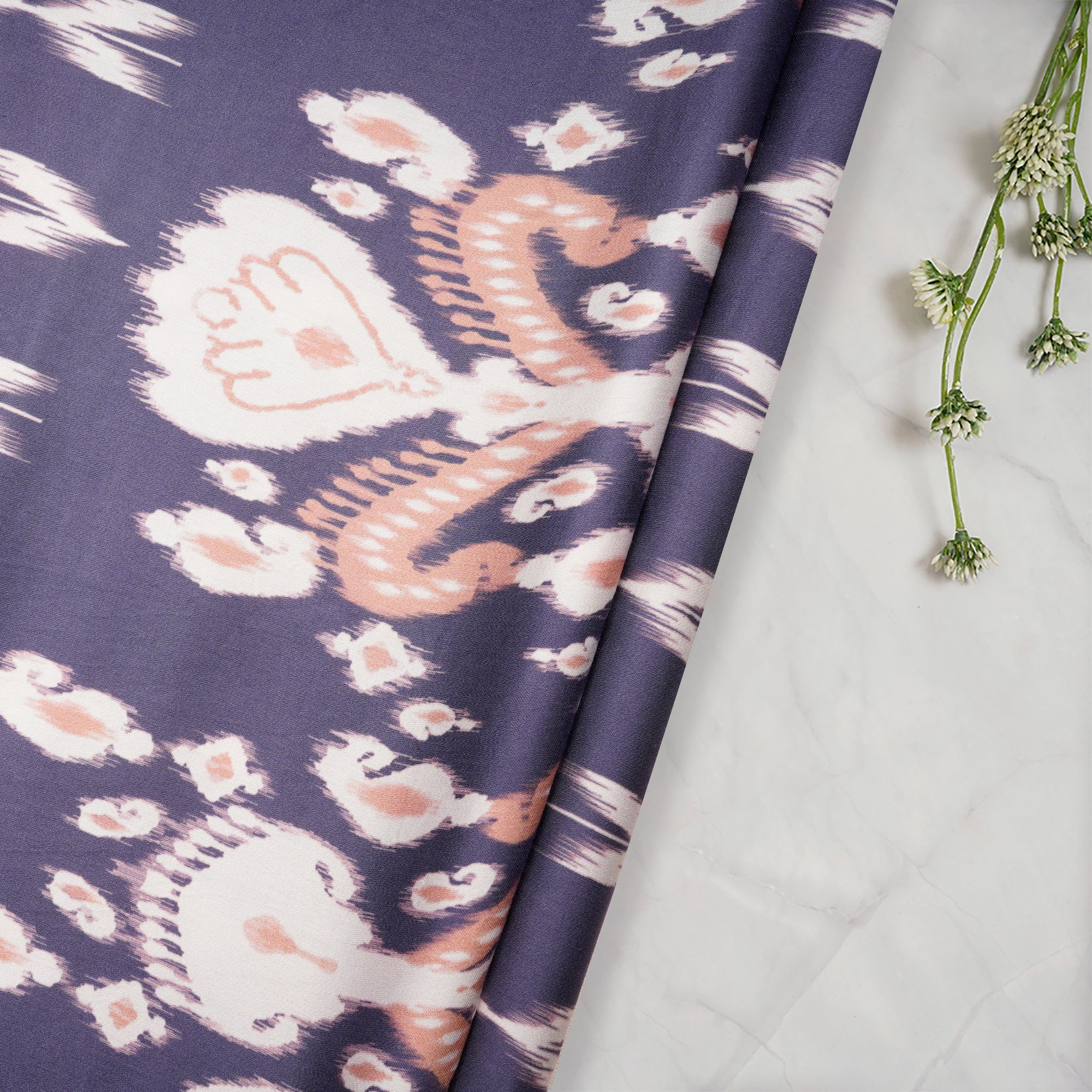 (Pre-Cut 3.00Mtr)Voilet-Beige Ikat Pattern Digital Pattern Maple Silk Fabric