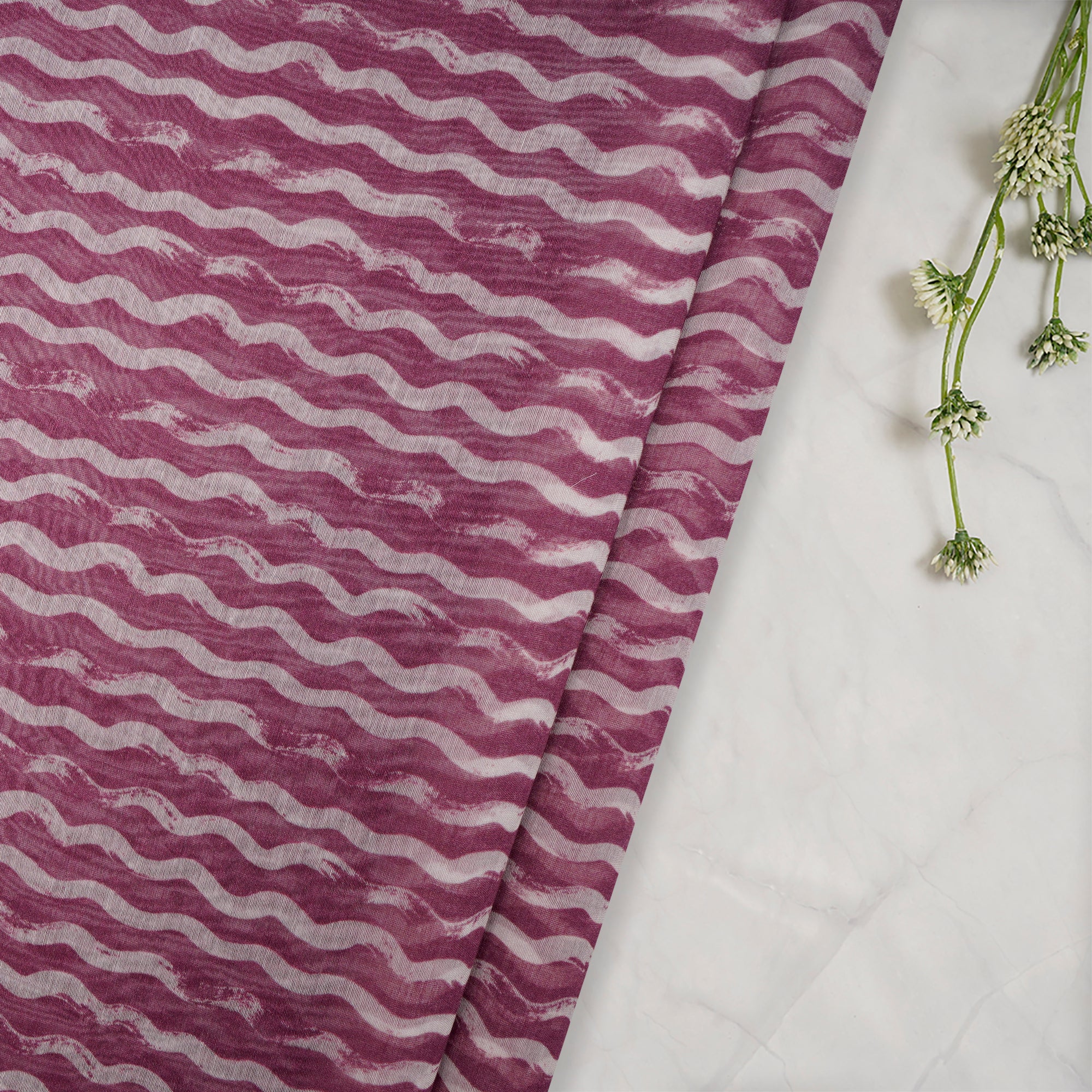 (Pre-Cut 2.90Mtr)Heather Rose-White Stripe Pattern Digital Print Fine Chanderi Fabric