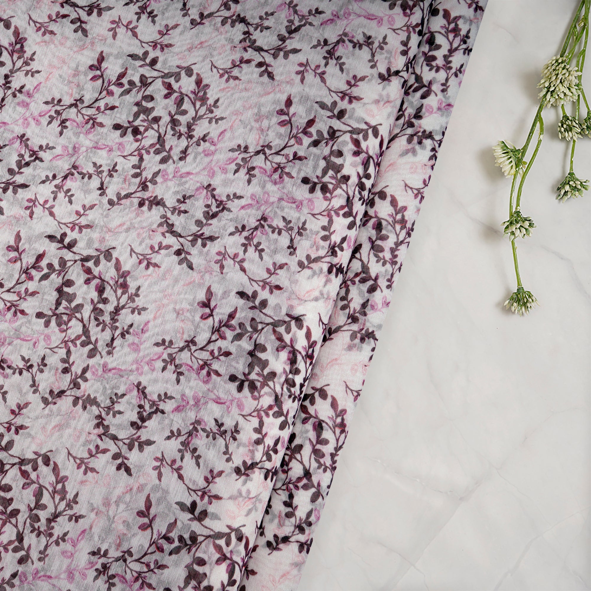 (Pre-Cut 3.40Mtr)Off-White Leaf Pattern Digital Print Fine Mul Chanderi Fabric