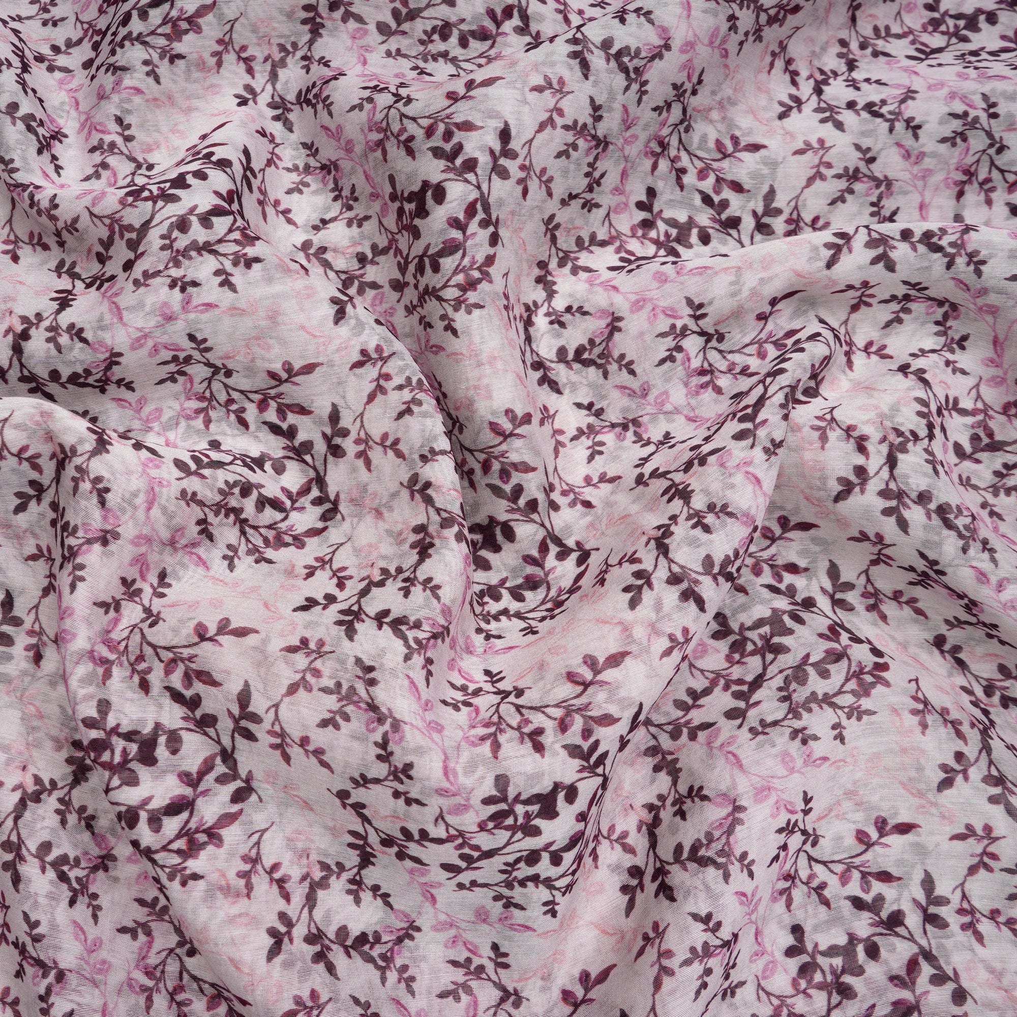 (Pre-Cut 3.40Mtr)Off-White Leaf Pattern Digital Print Fine Mul Chanderi Fabric