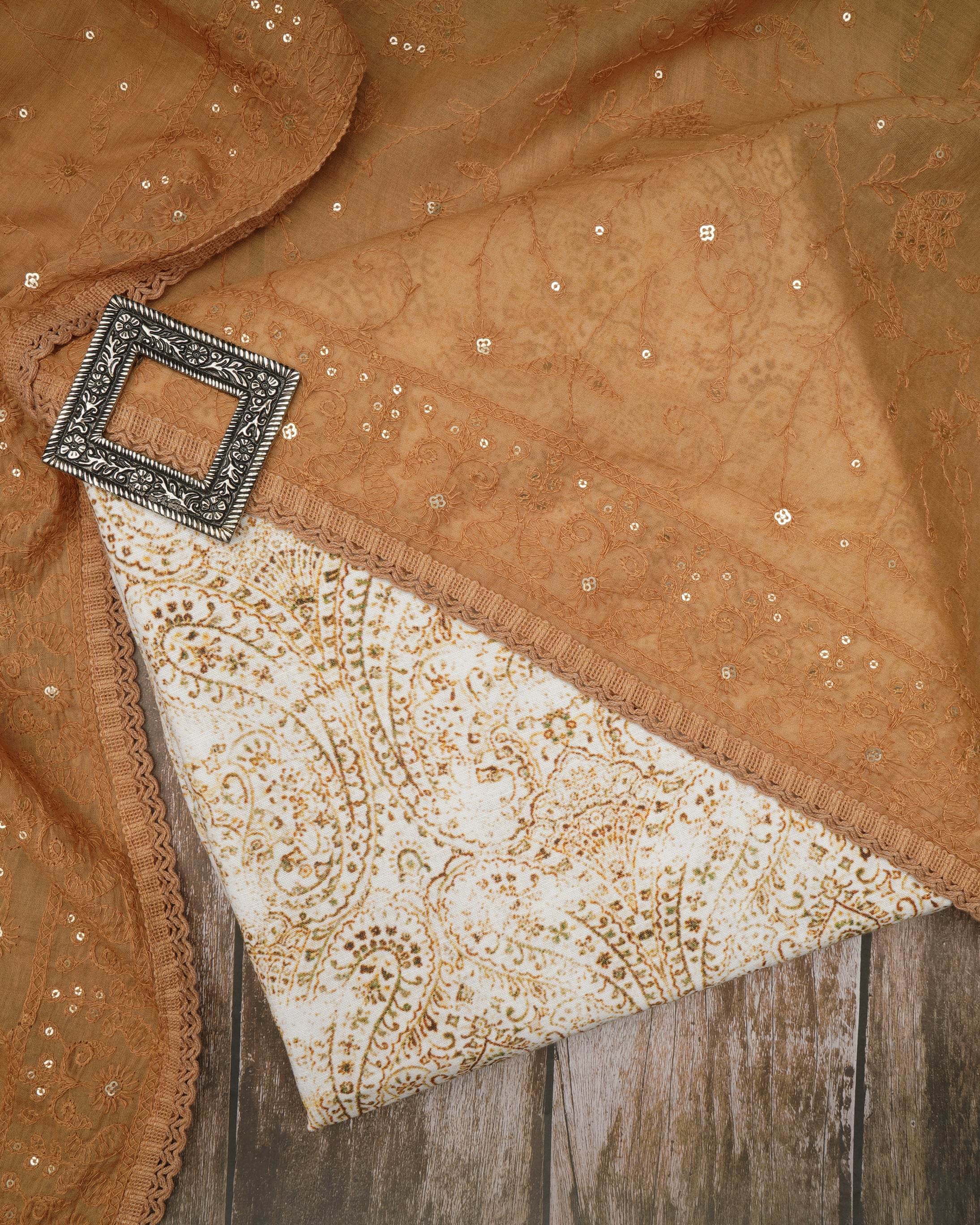 White-Yellow Paisley Pattern Cotton Linen Unstitched Suit Set with Embroidered Dupatta (Top & Dupatta)