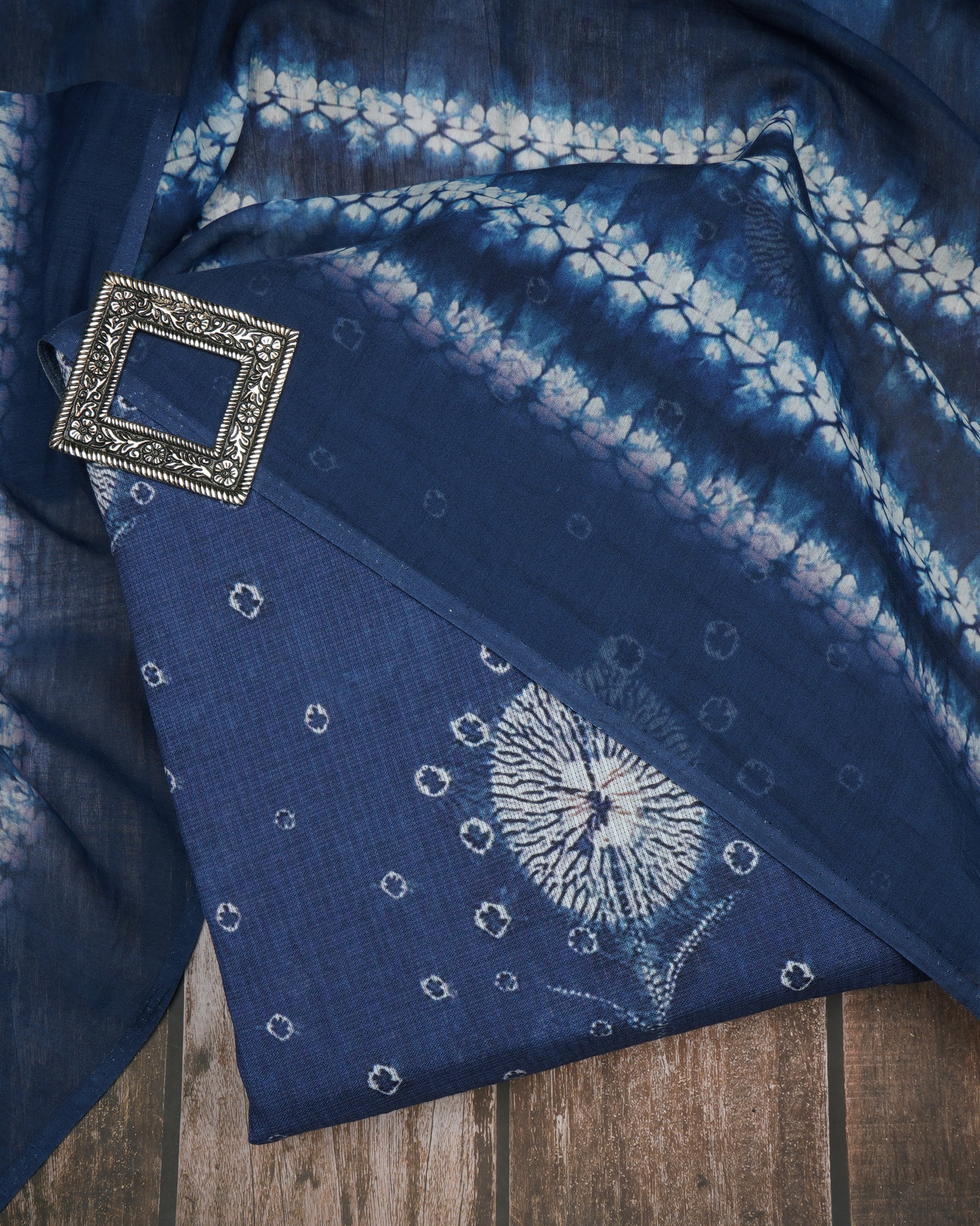 Navy Blue All Over Pattern Digital Print Fancy Cotton Unstitched Suit Set (Top & Dupatta)